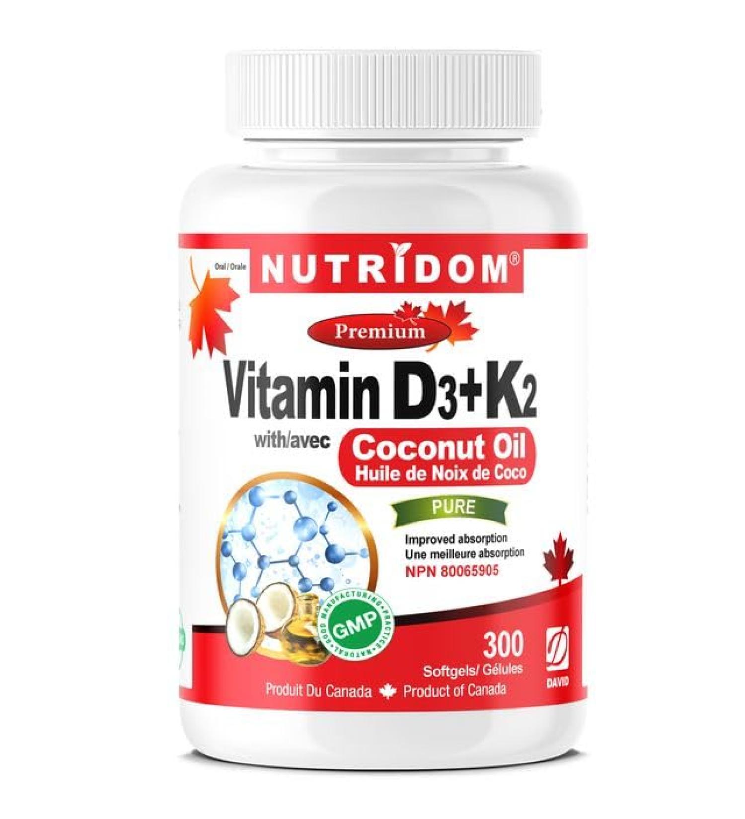 Nutridom Vitamin D3 + K2 1000IU/120MCG | MK-7 K2 with Cholecalciferol D3 in Coconut Oil | Helps Support Bones Teeth and Immune Function | Non-GMO Gluten-free and Dairy-free (300 Count) 300 count (Pack of 1) - Buy Online on SooperMarket.com