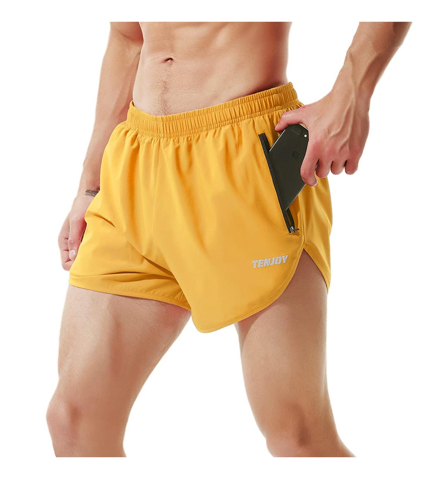 TENJOY Men's 3 Running Shorts Gym Athletic Workout Shorts with Zipper Pocket - Yellow, Small - Buy Online on SooperMarket.com