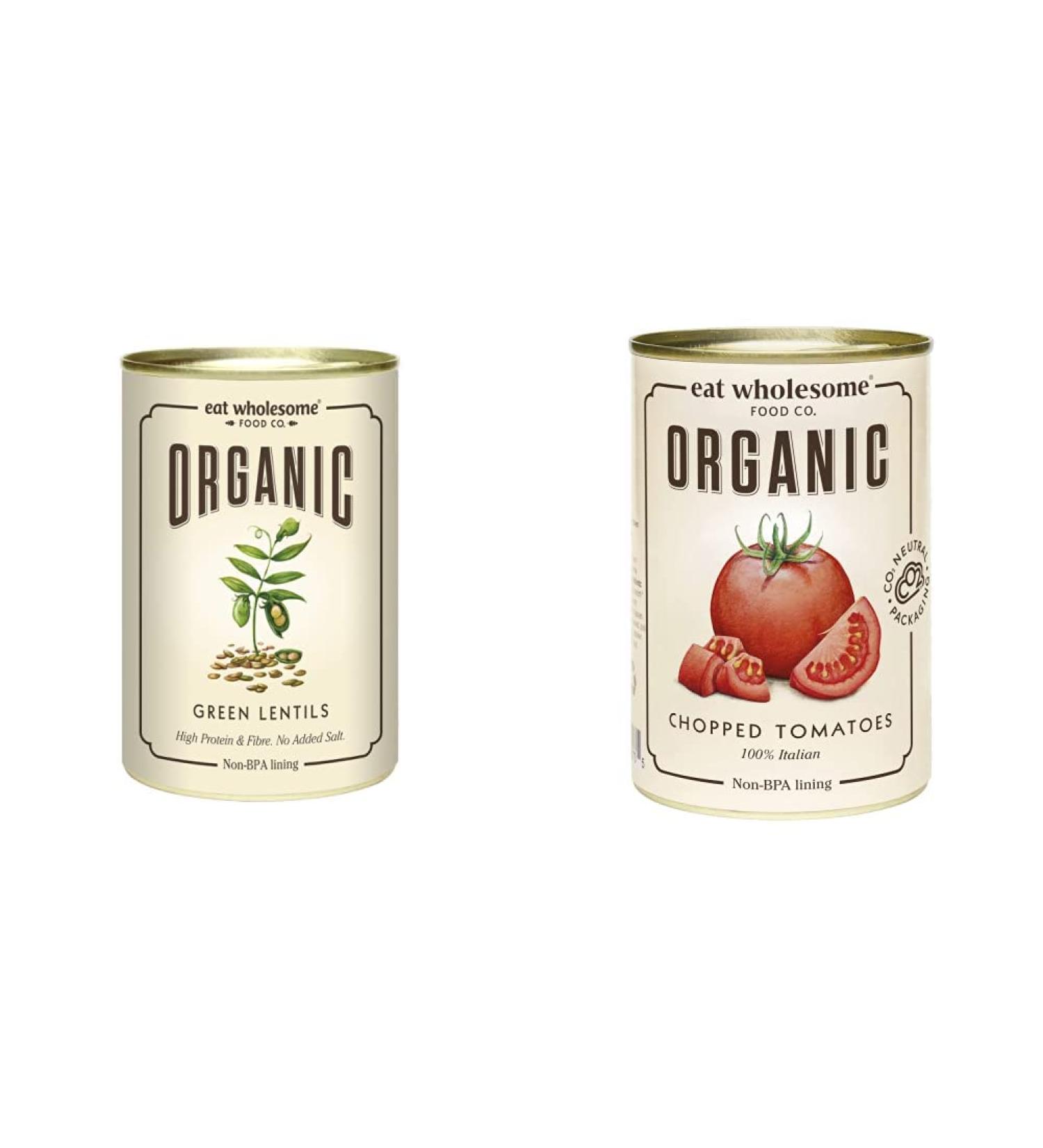 Eat Wholesome Organic Green Lentils 400g (Pack of 12) & Eat Wholesome Organic Chopped Tomatoes 400g (Pack of 12) - Buy Online on SooperMarket.com