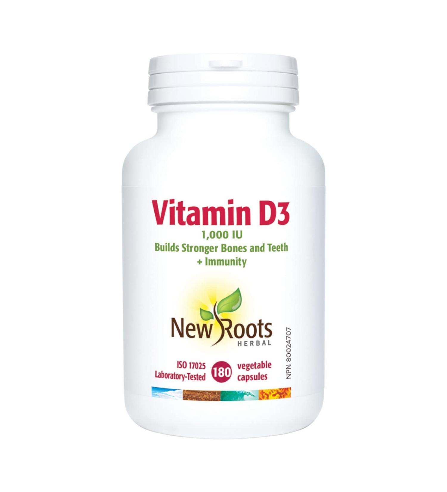 New Roots Herbal - Vitamin D3 1000 IU 180 Capsules - Helps in the Development and Maintenance of Bones and Teeth - Helps to Maintain and Support Immune Function - Buy Online on SooperMarket.com