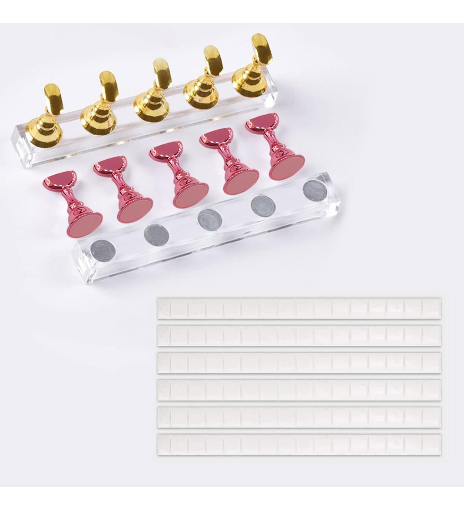 2 Set Nail Stand for Press On Nails - White Reusable Adhesive Putty Magnetic DIY Fake Nails Crystal Holder - Nail Art Training Display Stands - Gold + Pink - Buy Online on SooperMarket.com