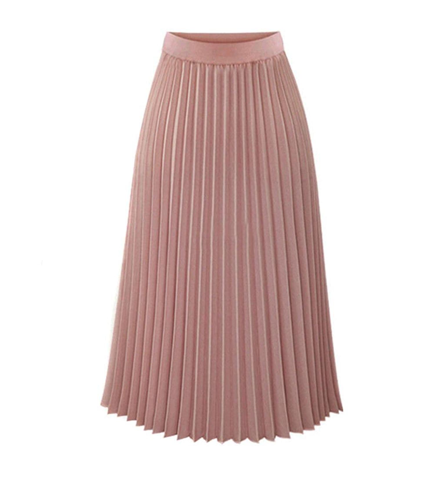 Sanahy Women's High Waist Pleated Midi Skirt | Elastic A-line Boho Style | Solid Pink XL - Buy Online on SooperMarket.com
