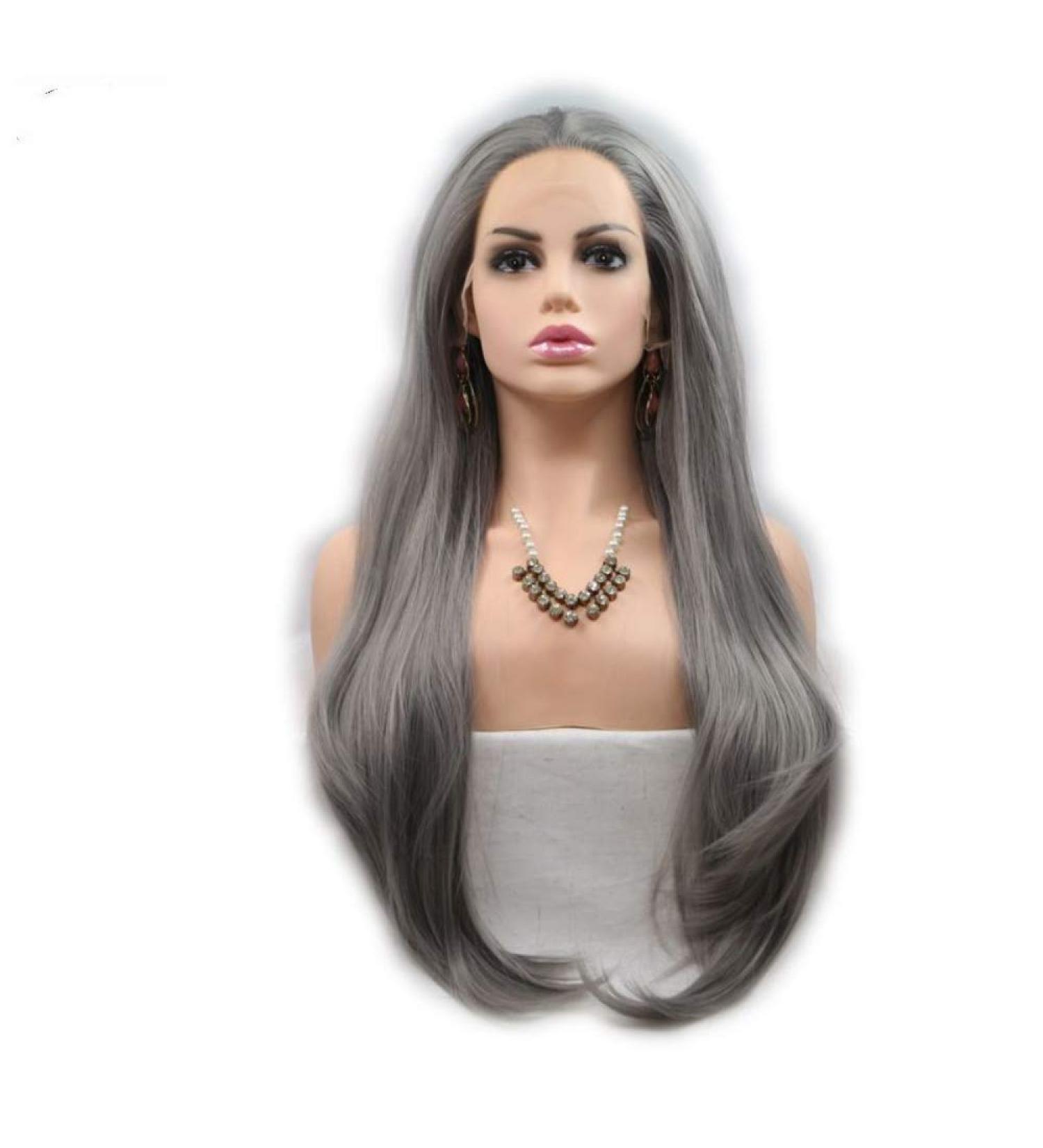 SHIYID Smoky Gray Long Straight Lace Front Wig | Heat Resistant Synthetic Hair for Women - Soft & Stylish - Buy Online on SooperMarket.com