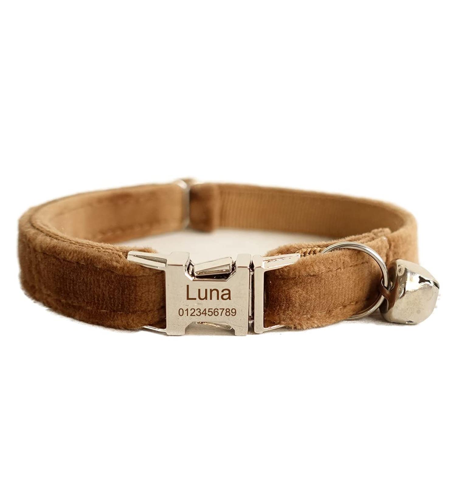 Personalized Cat Collar with Engraved Name & Phone Number for Small Pets | Brown | Bell Included - Buy Online on SooperMarket.com