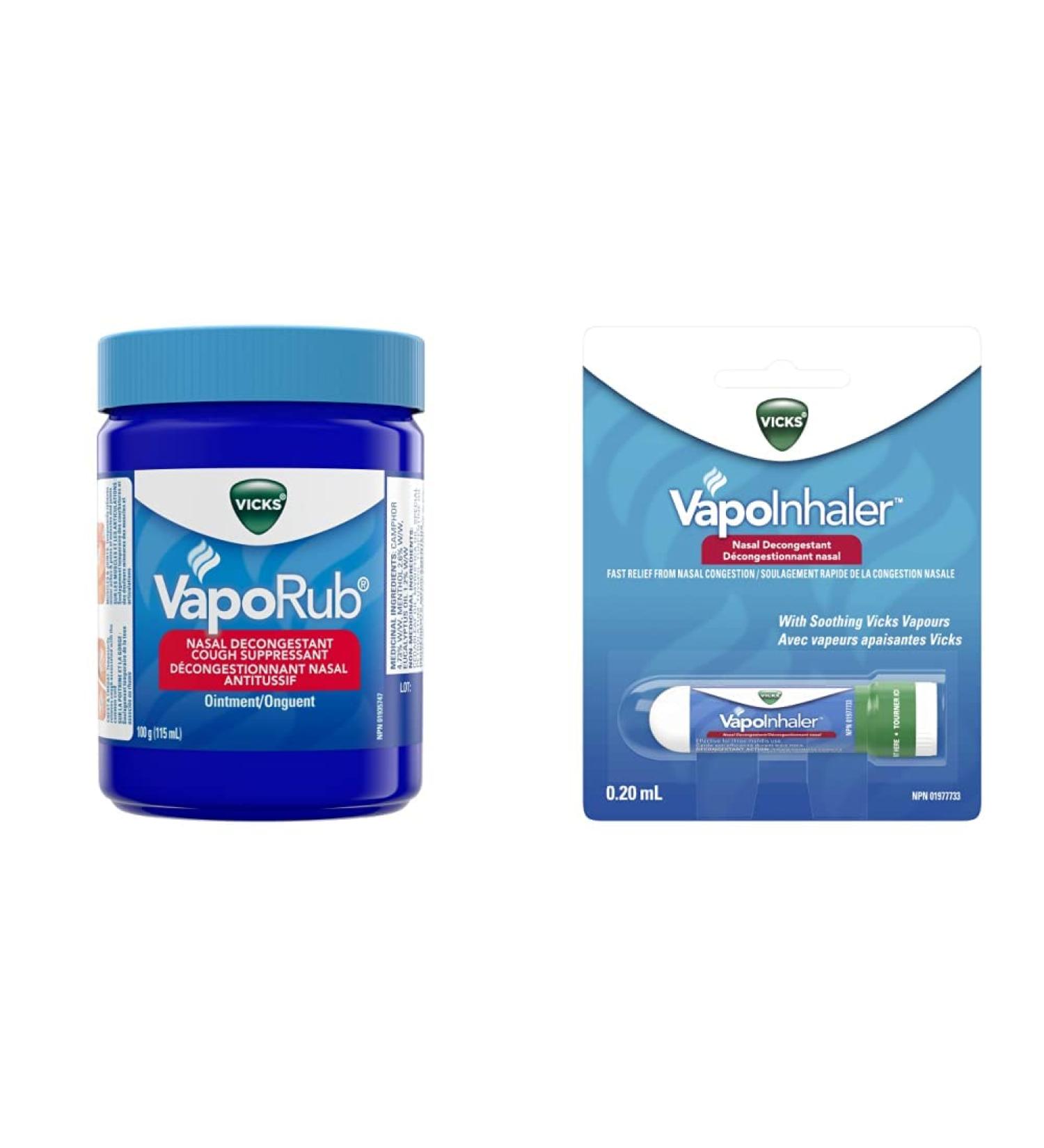Vicks VapoInhaler Nasal Decongestant with Soothing Vapors for Temporary Relief 0.2 mL Plus Vicks VapoRub Nasal Decongestant Chest Rub Ointment Pain Relief Original Scent 115 mL