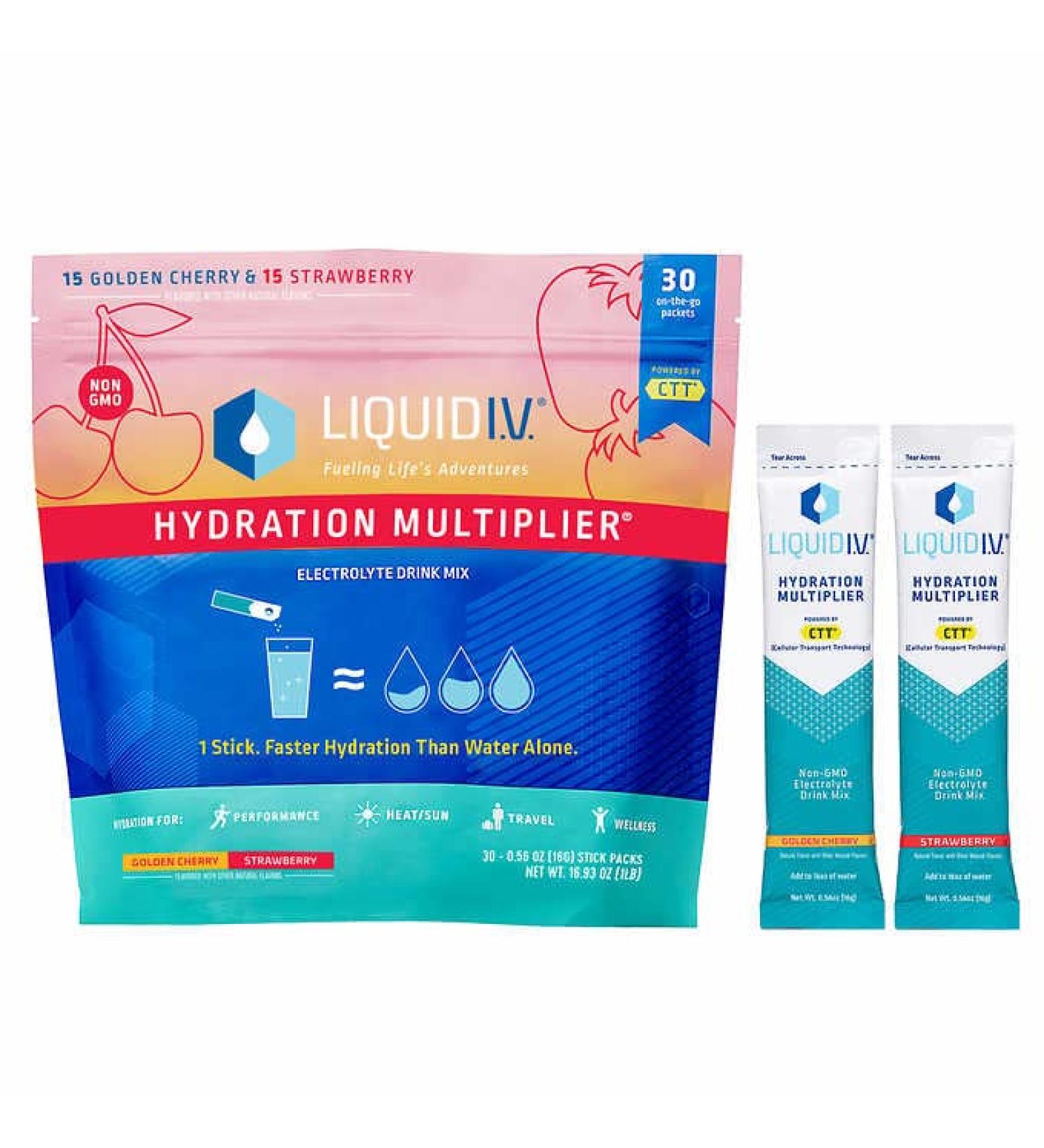 Liquid I.V Hydration Multiplier Drink Mix - 30 Individual Stick Packets - Variety Flavors Golden Cherry and Strawberry - 480 Grams - Buy Online on SooperMarket.com