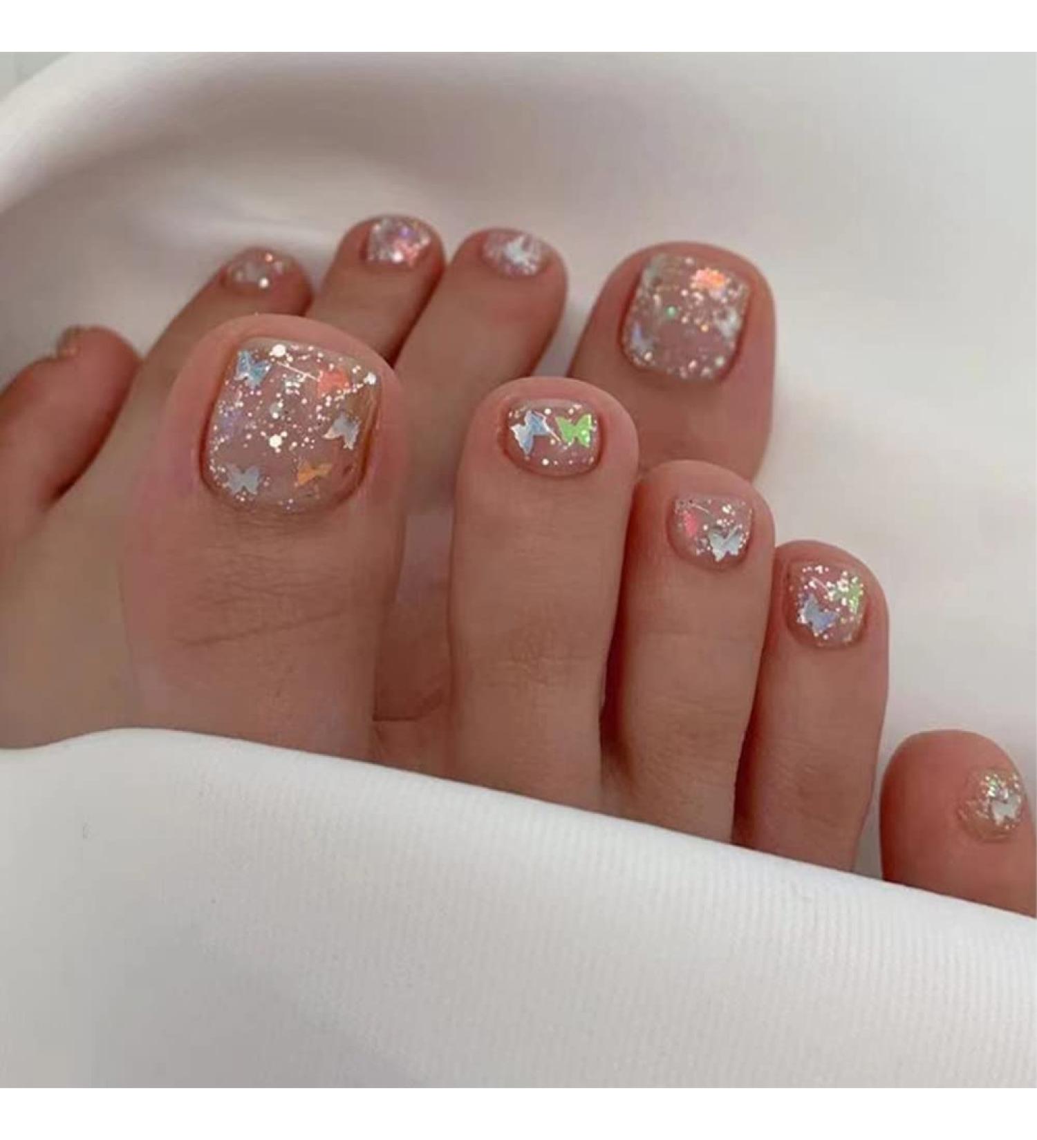 Silver Glitter Butterfly Sequins Toe Nail Press Ons - 24PCS Short Square Fake Toenails for Women | Summer Manicure Glossy Design - Style 13 - Buy Online on SooperMarket.com