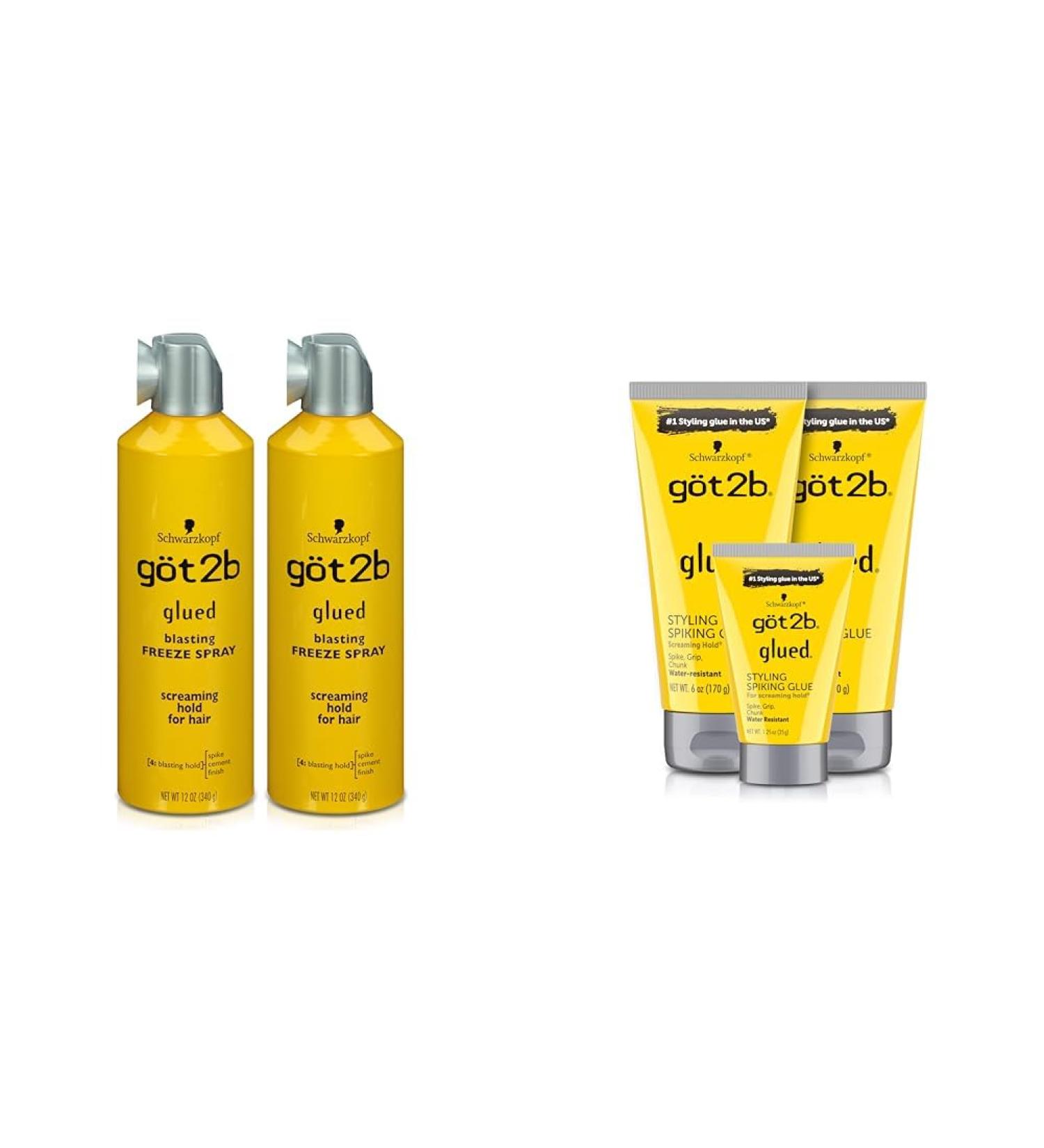 Got2B Glued Blasting Freeze Hairspray 12 oz Pack of 2 & Glued Styling Spiking Hair Gel 2-6oz tubes + 1 Travel 1.25oz tube Blasting Freeze Spray 12 Fl Oz (Pack of 2) Hairspray + Hair Gel 2 - 6oz - Buy Online on SooperMarket.com