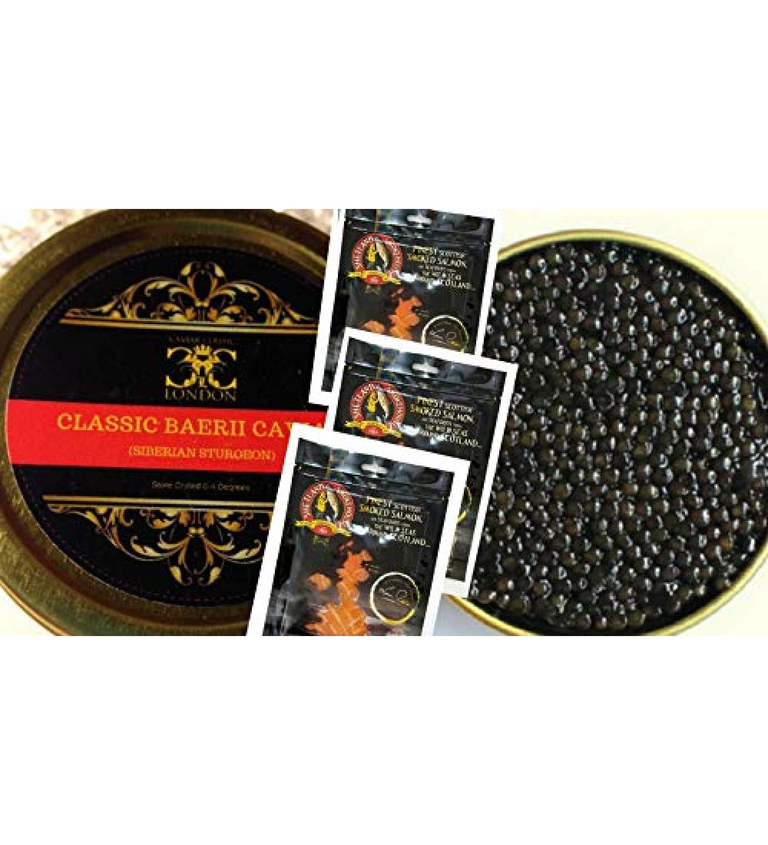 125 GR.Caviar Baerii Classic (Siberian Sturgeon) & 3 x 100 g. Smoked Scottish Salmon - Buy Online on SooperMarket.com