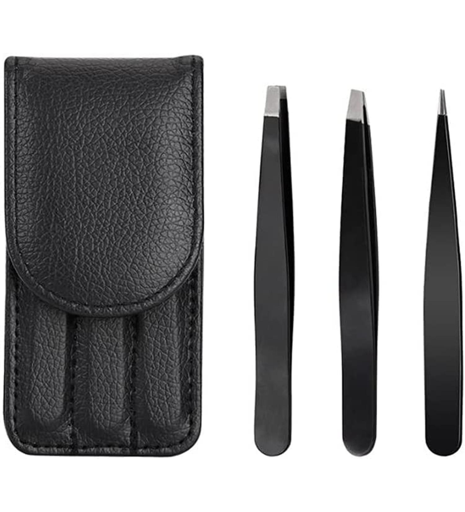 3pcs Stainless Steel Precision Eyebrow Tweezers Set with Storage Bag - Perfect for Plucking, Ingrown Hair and Facial Hair Removal - Buy Online on SooperMarket.com