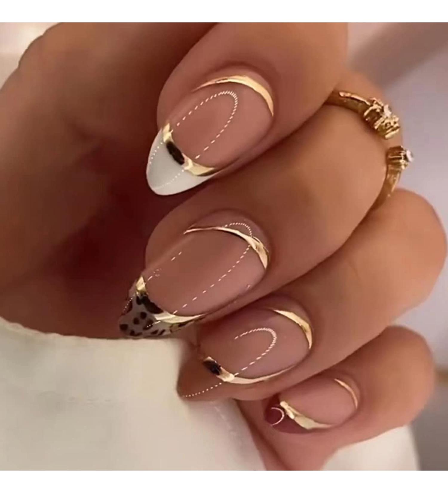 24Pcs Glitter Gold French Line Short Almond Press on Nails - Fashion Fake Nails for Women - Buy Online on SooperMarket.com