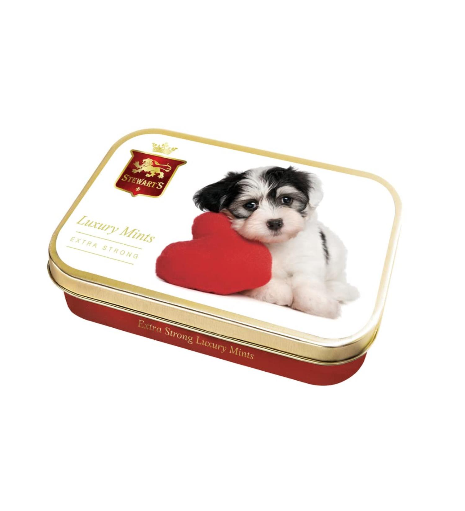 Stewart's - Puppy Love Tin Filled with Luxury Mints (40g) - Cool Refreshing Peppermint Flavour For Instant Breath Freshness Pocket Sized Collectable Tins Ideal for Gifting 1 x 40g Puppy Love Tin - Mints - Buy Online on SooperMarket.com