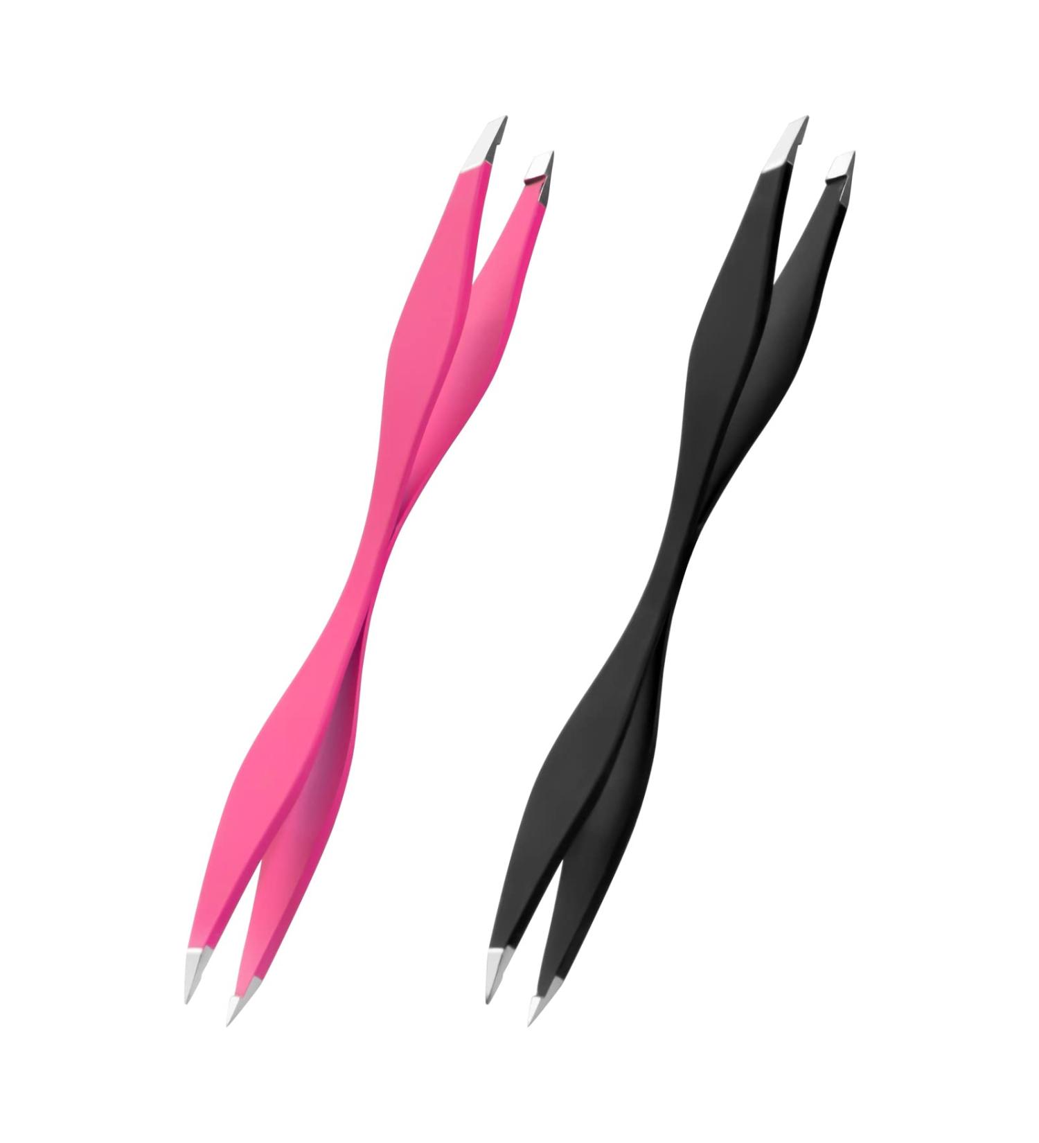 NUOMI 2 Pack Stainless Steel Eyebrow Tweezers with Slant/Pointed Tips - Pink and Black - Makeup Tools for Facial Hair Removal - Buy Online on SooperMarket.com