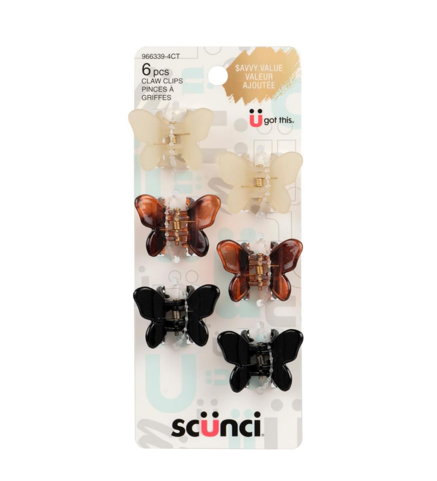 SCUNCI 6 PK BROWN BLACK BUTTERFLY CLAW CLIPS
