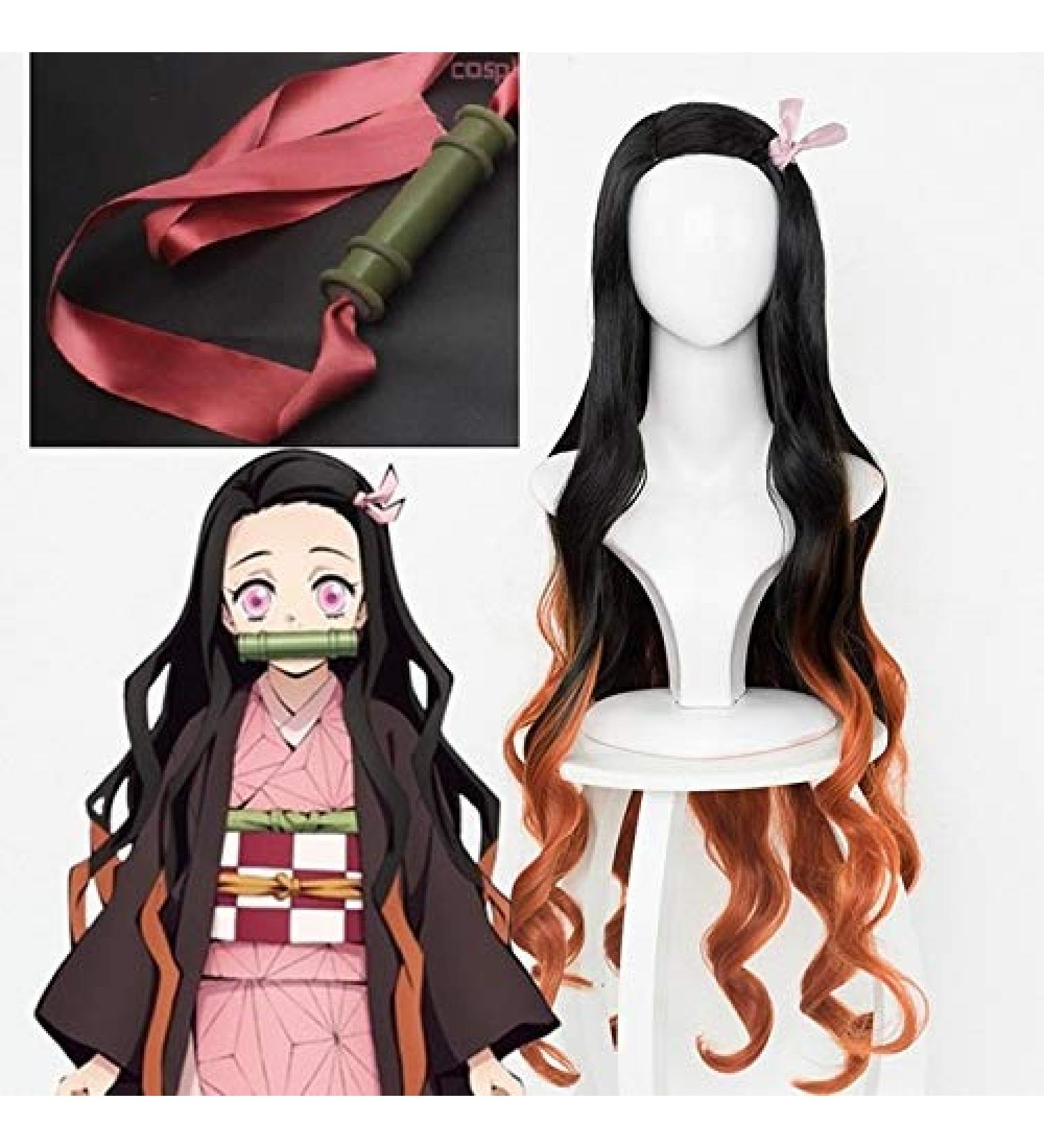 Demon Slayer Kimetsu No Yaiba Kamado Nezuko Cosplay Wig Heat Resistant Synthetic Hair Wigs + Wig Cap + Bamboo Props Sealing Stick Wig and Stick 2