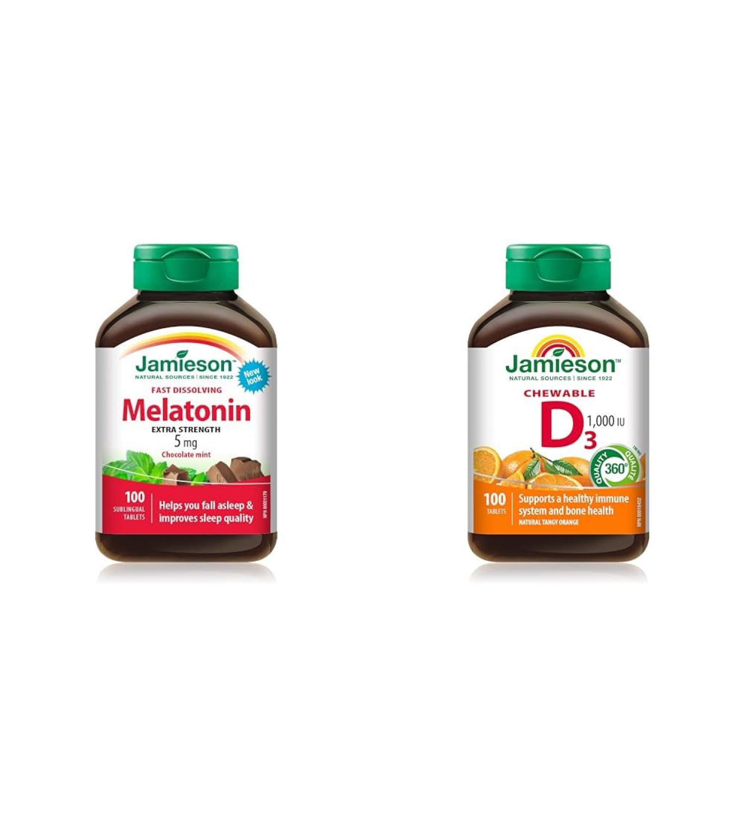Jamieson Melatonin 5 mg Extra Strength - Chocolate Mint Flavour Fast Dissolving Tablets 100 Count (Pack of 1) & Chewable Vitamin D3 1 000 IU - Natural Tangy Orange 100 Count (Pack of 1) - Buy Online on SooperMarket.com