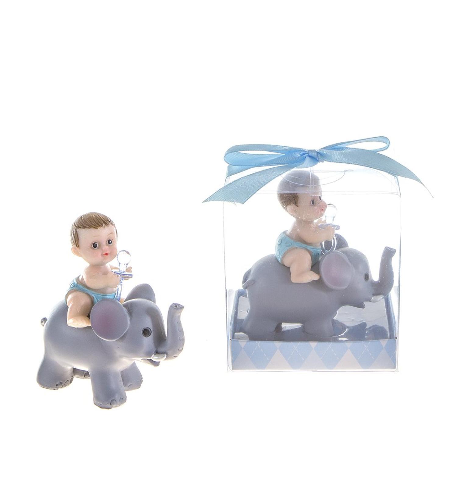 Lunaura Baby Keepsake - Set of 12 Boy Baby Holding Pacifier Sitting on Elephant Favors - Blue