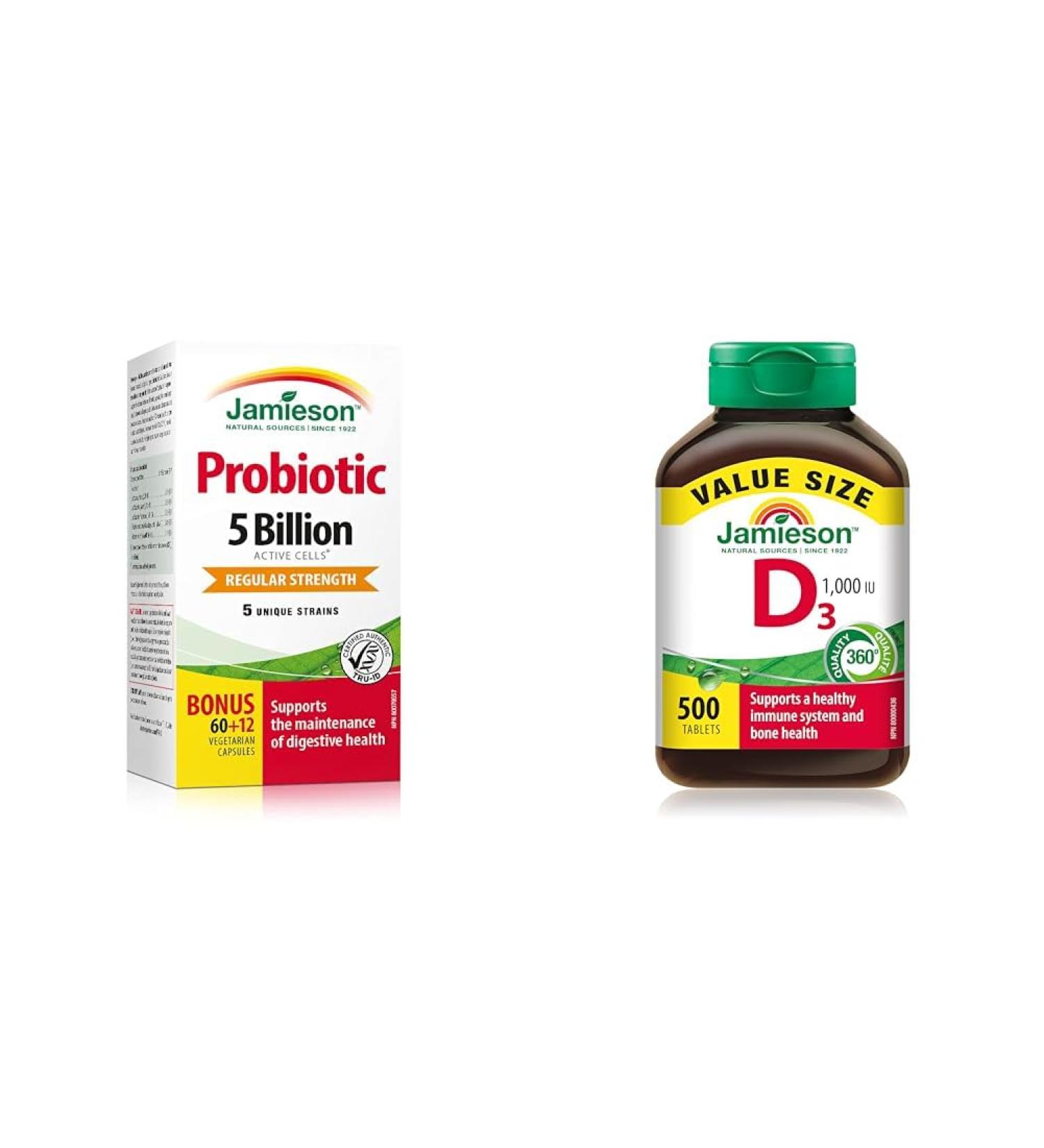Jamieson Probiotics 5 Billion Active Cells - Regular Strength & Vitamin D 1 000IU 500 Tablets - Buy Online on SooperMarket.com