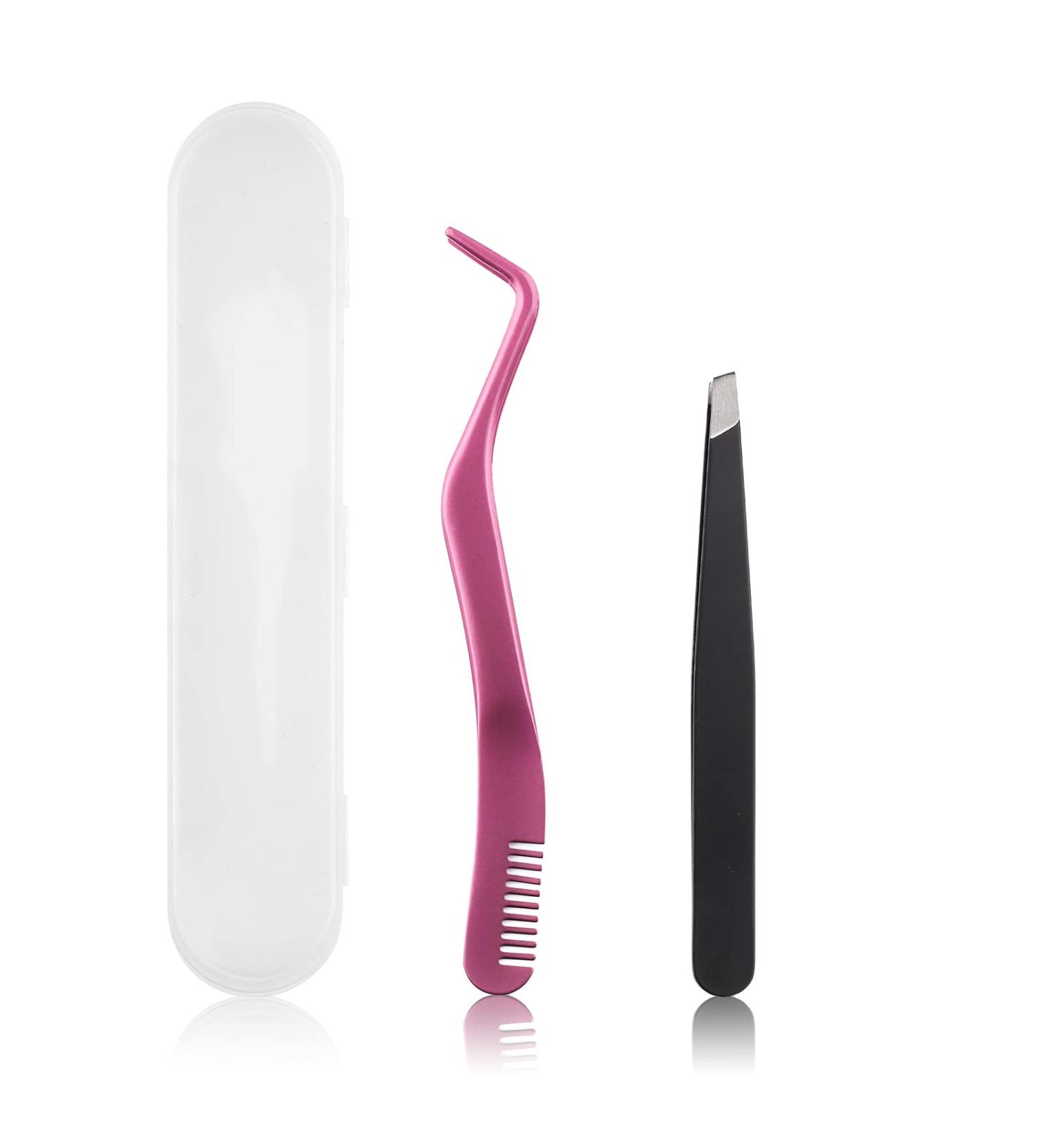 FADVAN Pink Stainless Steel Lash Applicator Tool Set - 2 Pcs Cluster Lash Tweezers with Eyebrow Tweezers for DIY Eyelash Extensions - Buy Online on SooperMarket.com