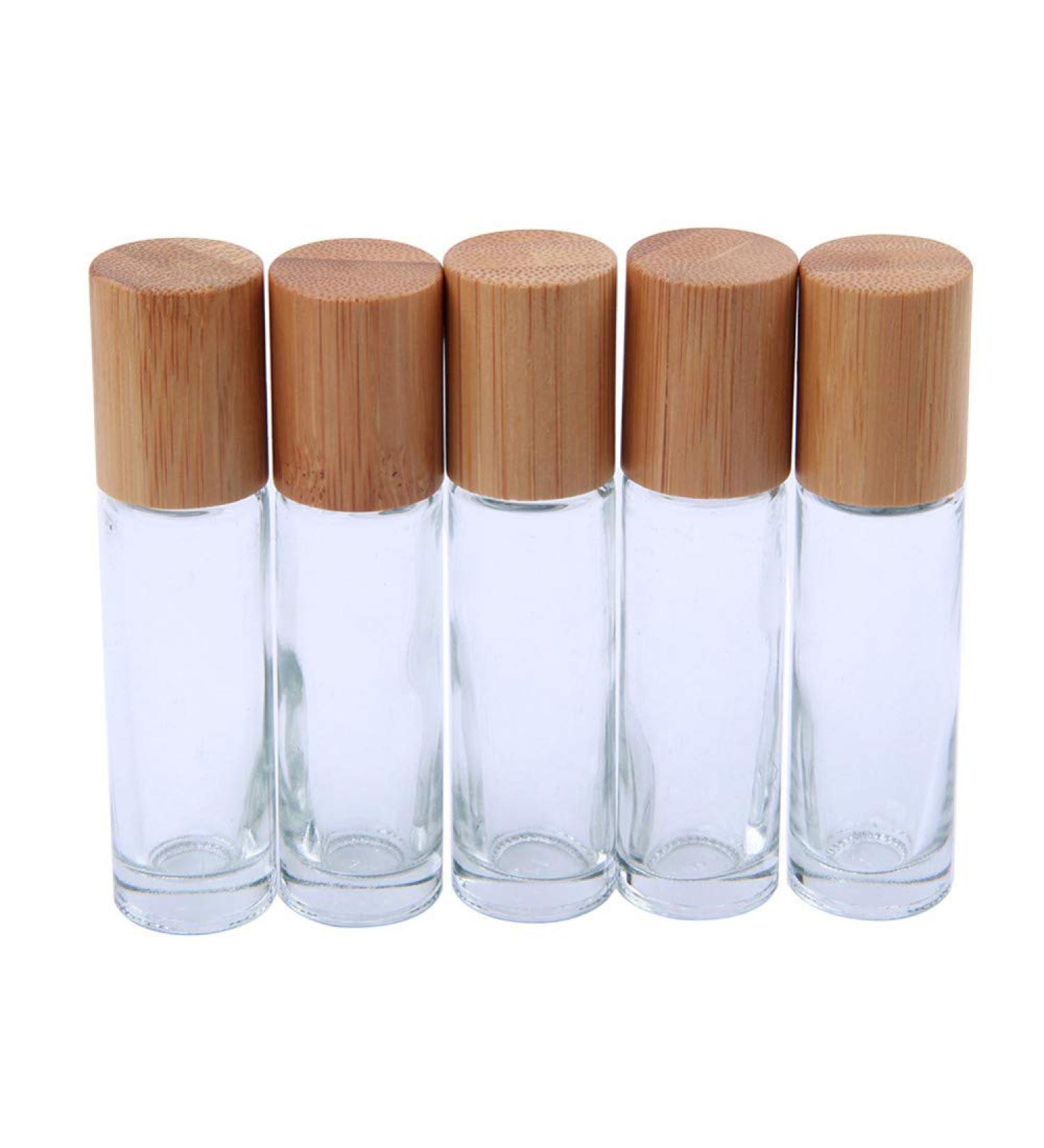 ConStore 5pcs Clear Glass Roller Bottles 10ml - Refillable Essential Oil Bottles with Bamboo Lid & Stainless Steel Rollers - Buy Online on SooperMarket.com