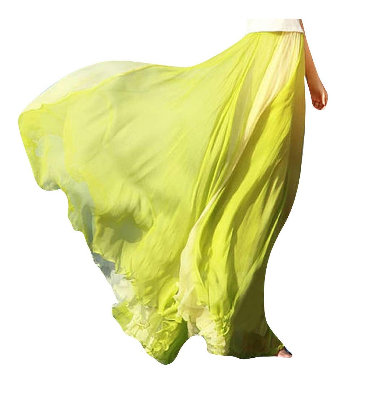 Sanahy Women's Chiffon Gradient Long Maxi Skirt - Green | Elastic Pleated Beach Full/Ankle Length Skirt - Buy Online on SooperMarket.com