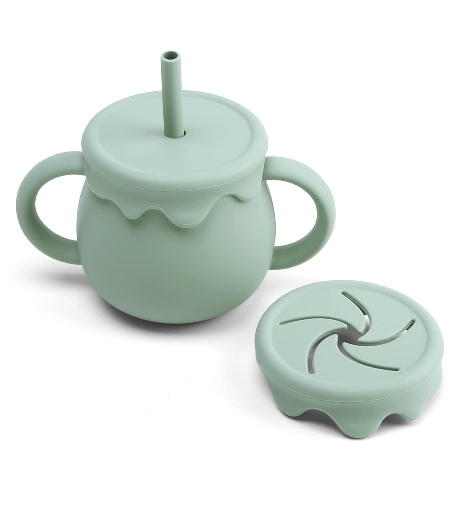 Ginbear 2-in-1 Silicone Sippy Cup with Straw & Snack Lid | 8.5oz Spill-Proof Toddler Training Cup (Hazy Green) - Ages 12M+ - Buy Online on SooperMarket.com