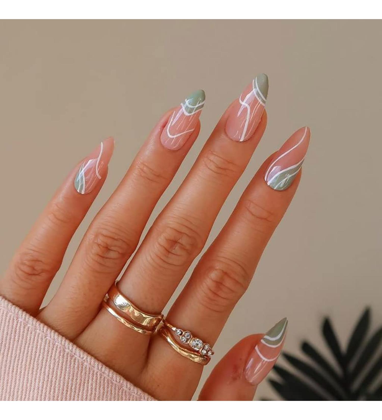 RikView Medium French Fake Nails Almond Green & White Swirls Design - Acrylic Nail Set - Buy Online on SooperMarket.com