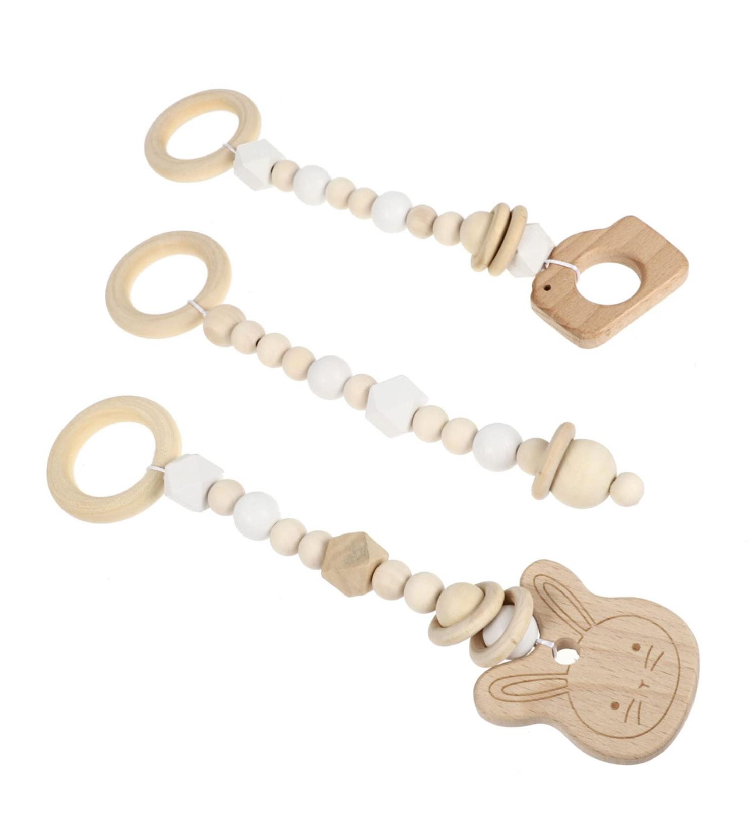 JEWEDECO 3pcs Gym Pendant Wooden Toys for Babies | Natural Home Decor & Infant Stroller Toy | Baby Fitness Rack Pendants with Wooden Bead Mobile - Buy Online on SooperMarket.com