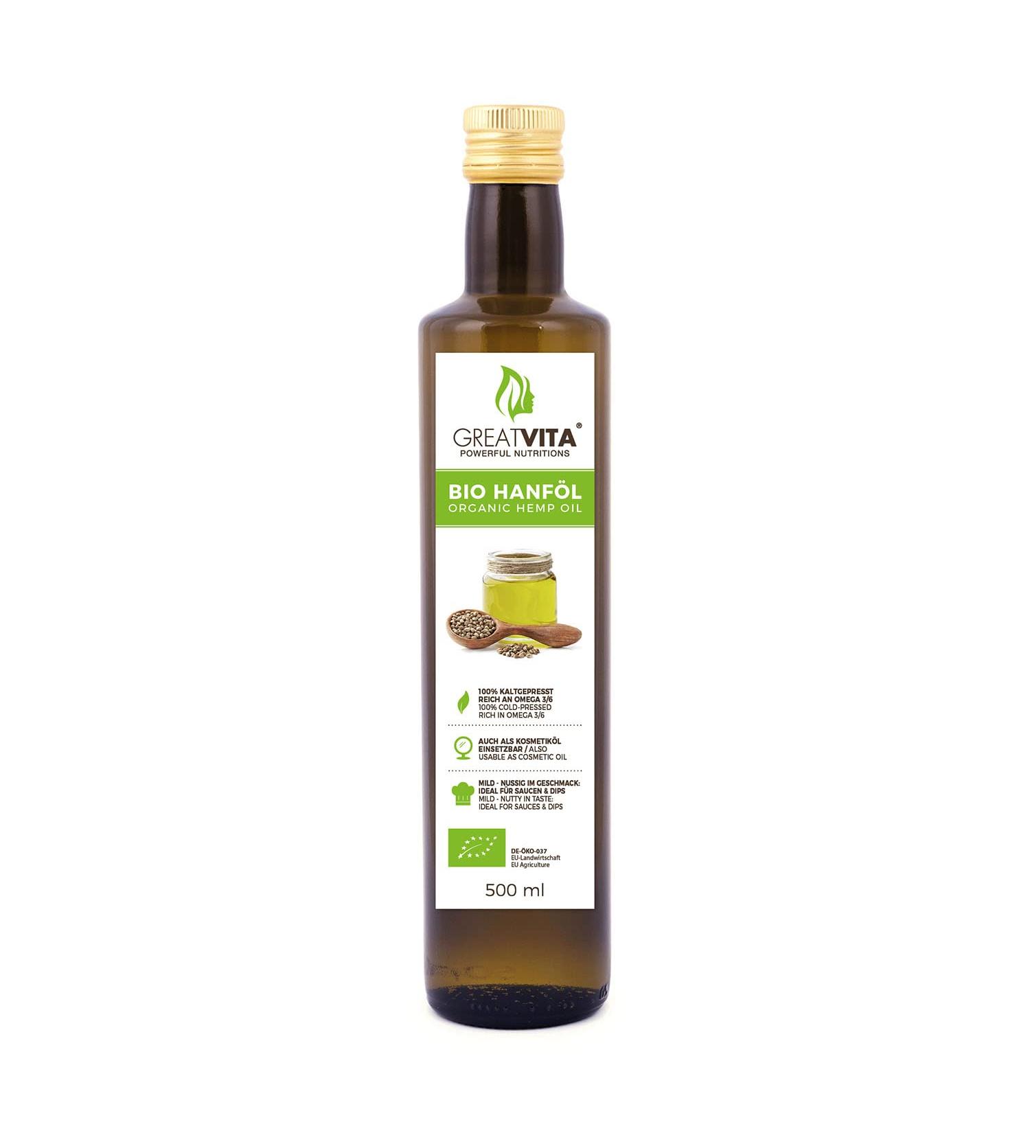 GreatVita Organic Hemp Oil - 100% Pure Cold Pressed 500ml Rich in Omega 3 & 6 - Shop Internationally! - Buy Online on SooperMarket.com
