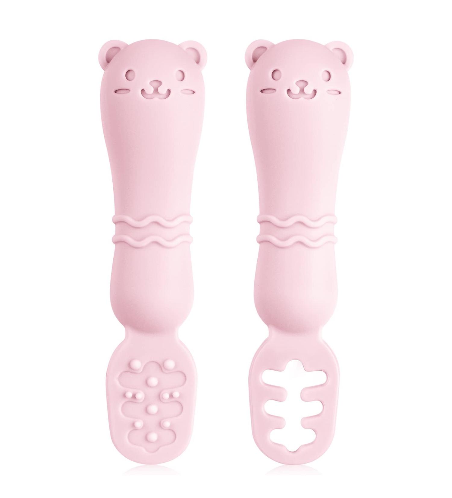 Vicloon Baby Fork and Spoon Set - 2Pcs Silicone Weaning Spoon for Self Feeding - Easy Grip Toddler Cutlery Kit - Soft Infant Utensils (Pink) - Buy Online on SooperMarket.com
