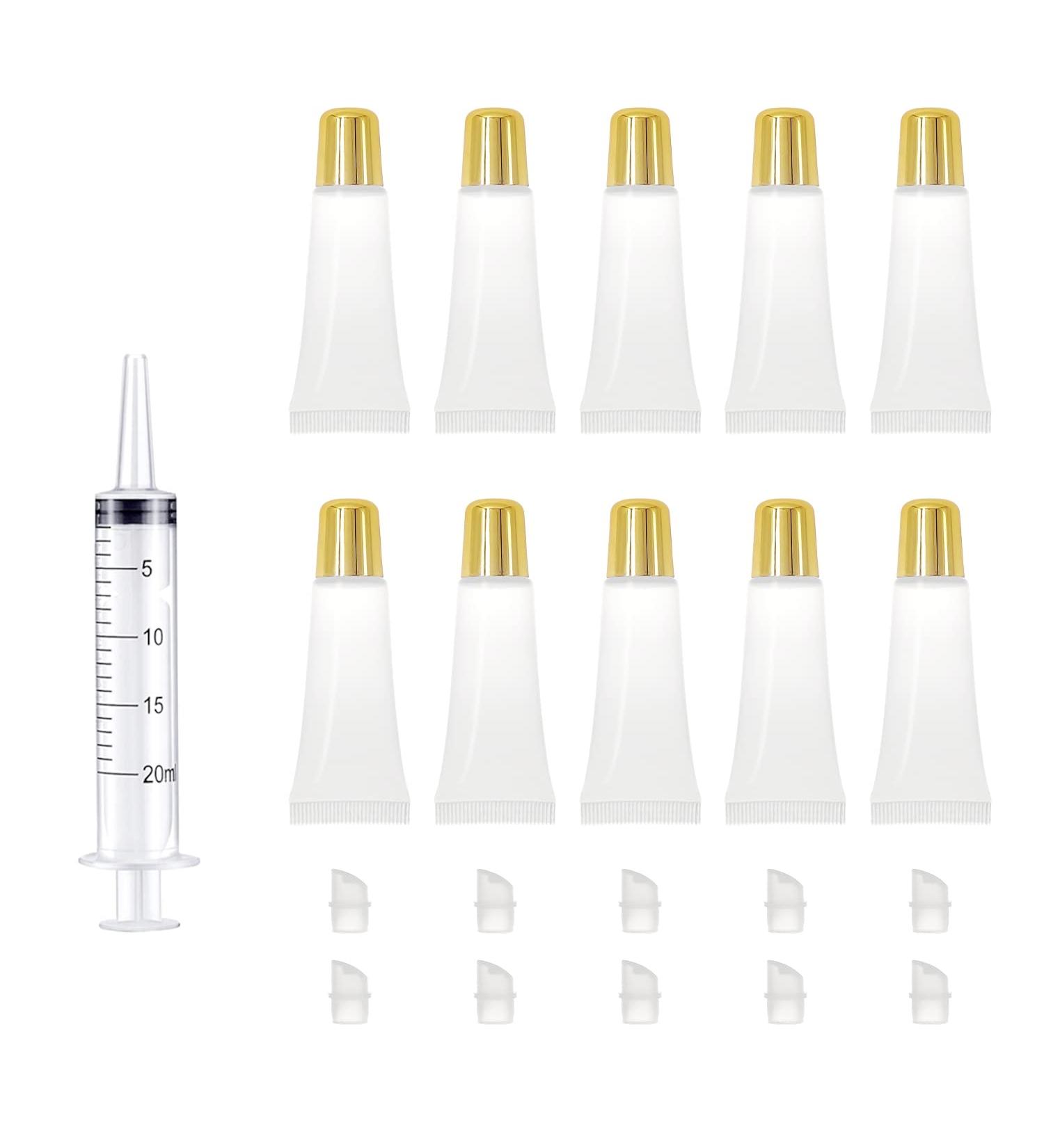 60 Pcs Lip Gloss Tubes, 10 ml / 0.34 Oz Gold Top Lip Gloss Containers Empty, Refillable Soft Cosmetic Squeeze Tubes for DIY Lip Gloss Balm Cosmetic with Free Syringe, Gold 10ml-Gold-60pcs