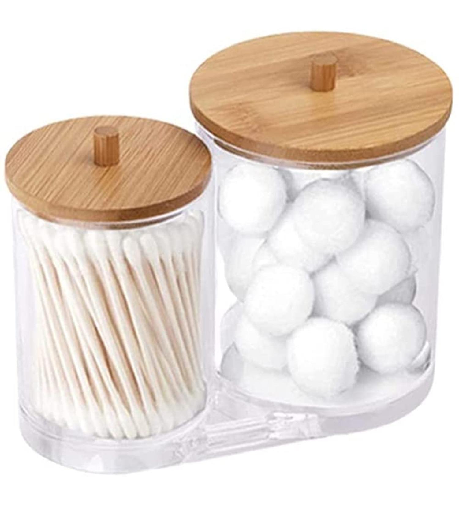 Garta Cotton Swab Holder with Bamboo Lid | Acrylic Qtip Dispenser | Round Cotton Swab Storage Organizer - Buy Online on SooperMarket.com