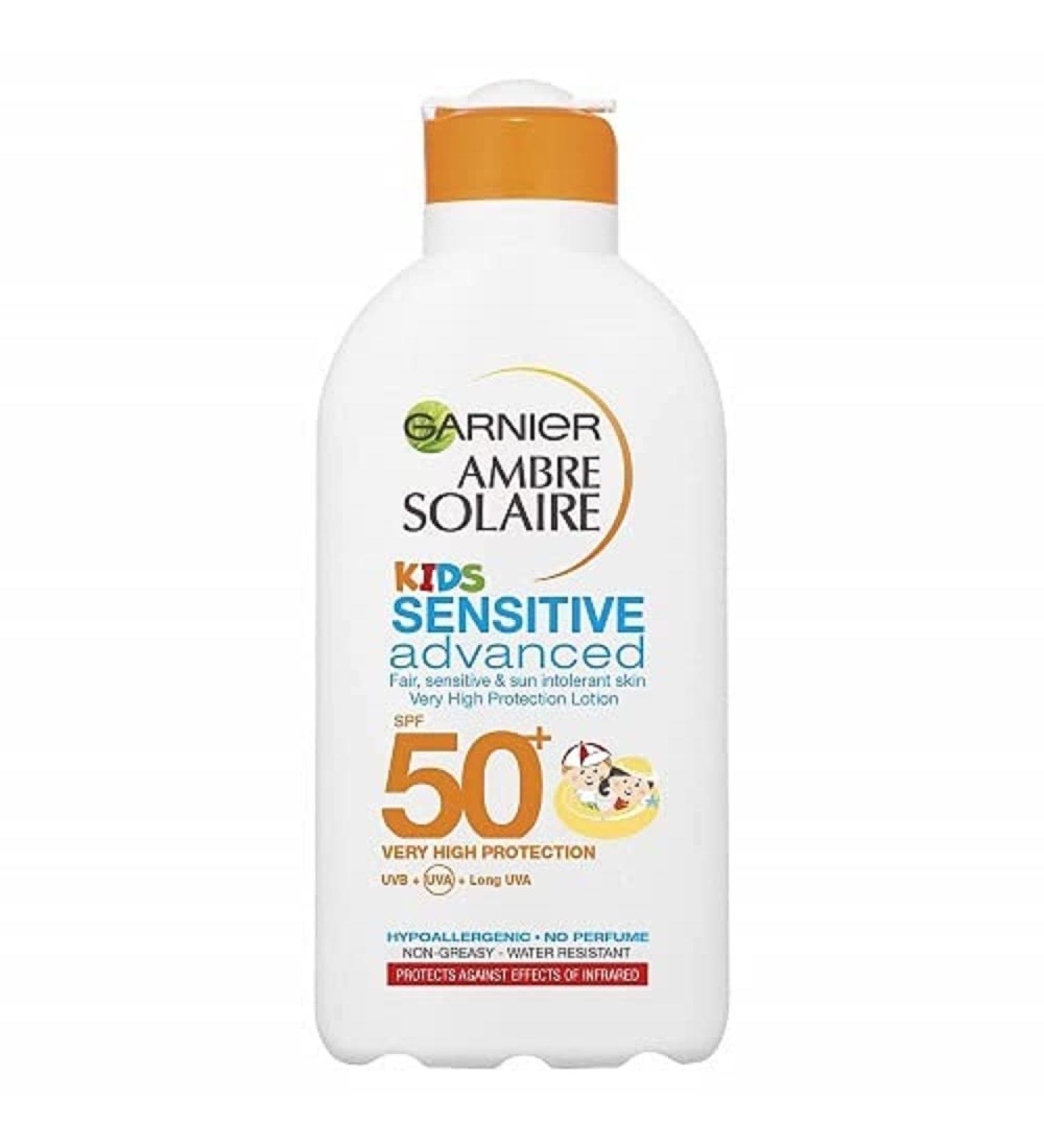 Garnier Ambre Solaire Kids Sensitive Sun Protection Lotion SPF 50+ 200ml Very High Protection Sunscreen Against UVA & UVB Moisturising Water Resistant Sun Cream For Face & Body 3 star UVA Protection