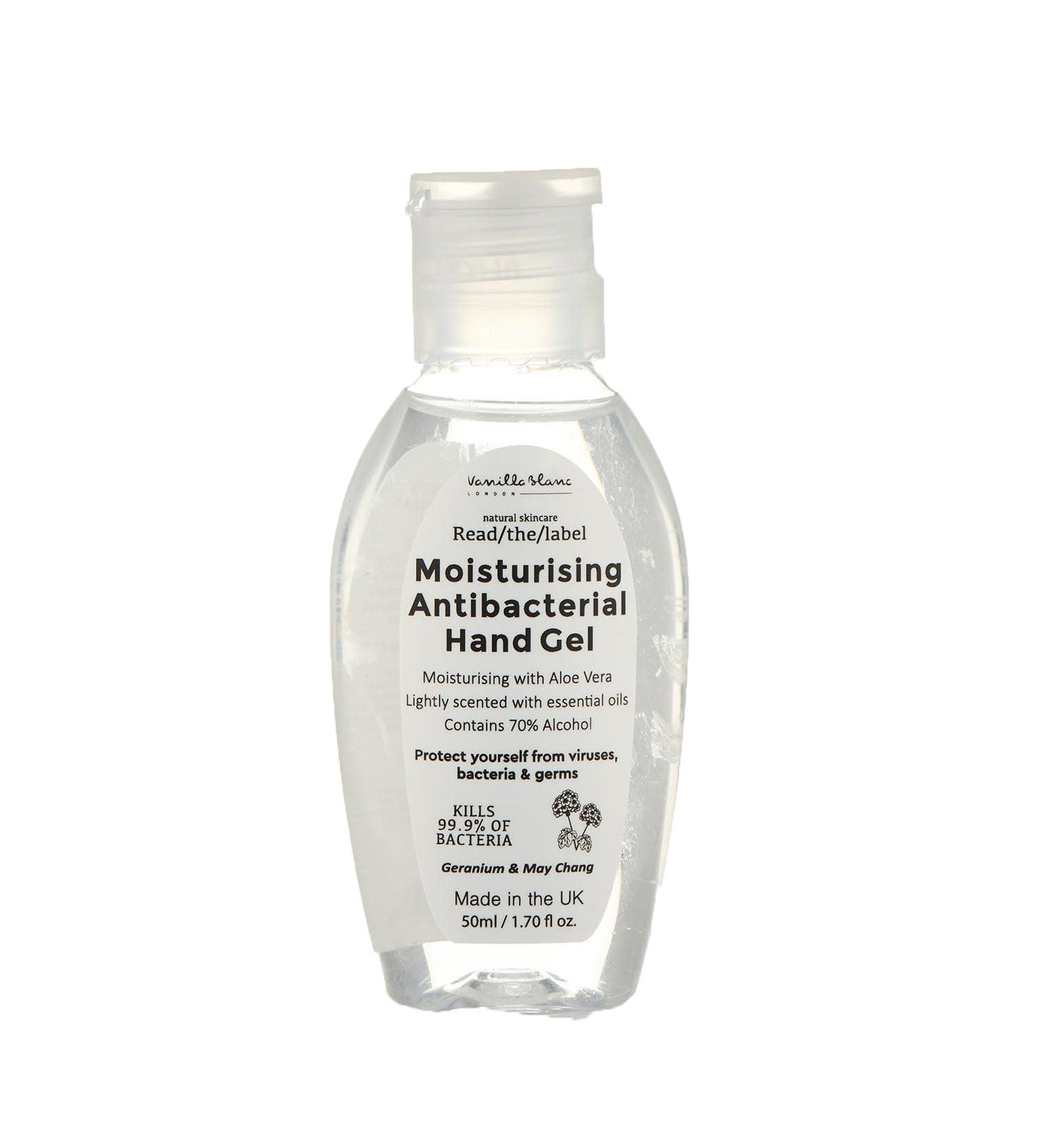 Vanilla Blanc - Moisturising Antibacterial Hand Gel | Made With 70% Alcohol - Kills 99.9% of Bacteria | Geranium & May Chang Scented Quick & Kind to Skin Hand Sanitiser Gel - 50ml