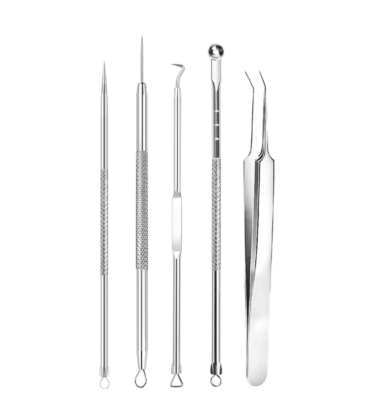 Blackhead Remover Tool Kit - 5-in-1 Stainless Steel Pimple Popper Extractor Set for Face with 4 Tweezers - 0414043 - Buy Online on SooperMarket.com