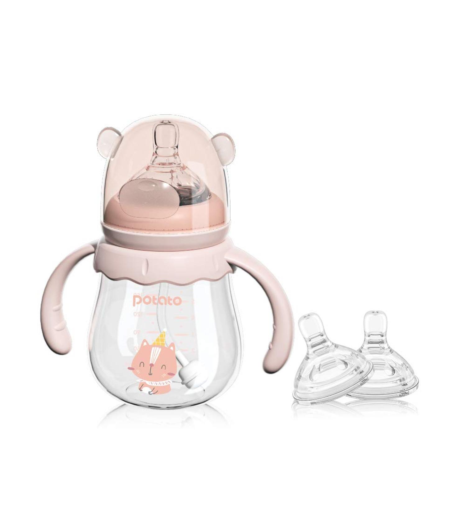 POTATO Glass Baby Bottles - Anti-Colic Breastfeeding Bottles with Medium Flow Nipple - 6 oz Pink - Suitable for Babies 3-6 Months - Buy Online on SooperMarket.com