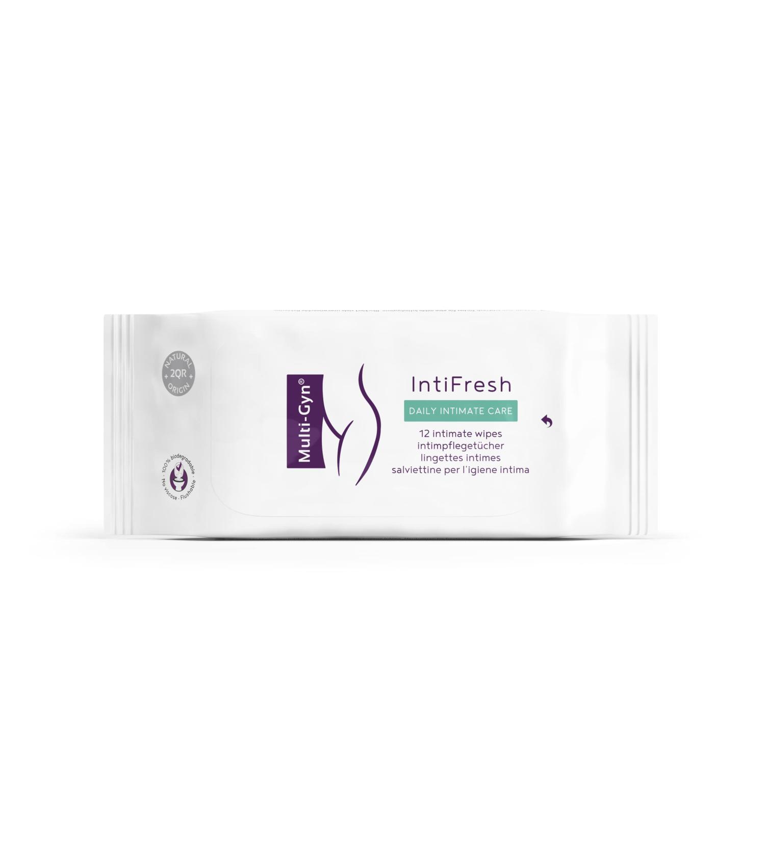 Multi-gyn intifresh biodegradable wet wipes for the genital area and hygiene-gentle and intimate care cloths for adults-12 wet wipes in a reclassable packaging 12 pieces (1 Pack)