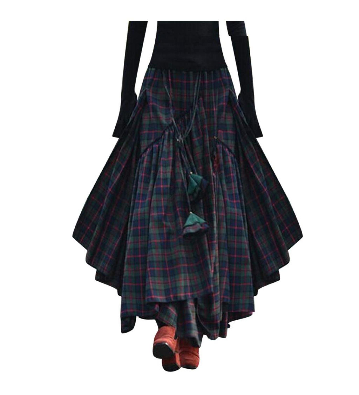 Sanahy Women's Plaid Print A-Line Maxi Skirt | Retro Full Ankle Length | Elastic Waist | Irregular Fringe | Party Skirt in XXL Green - Buy Online on SooperMarket.com