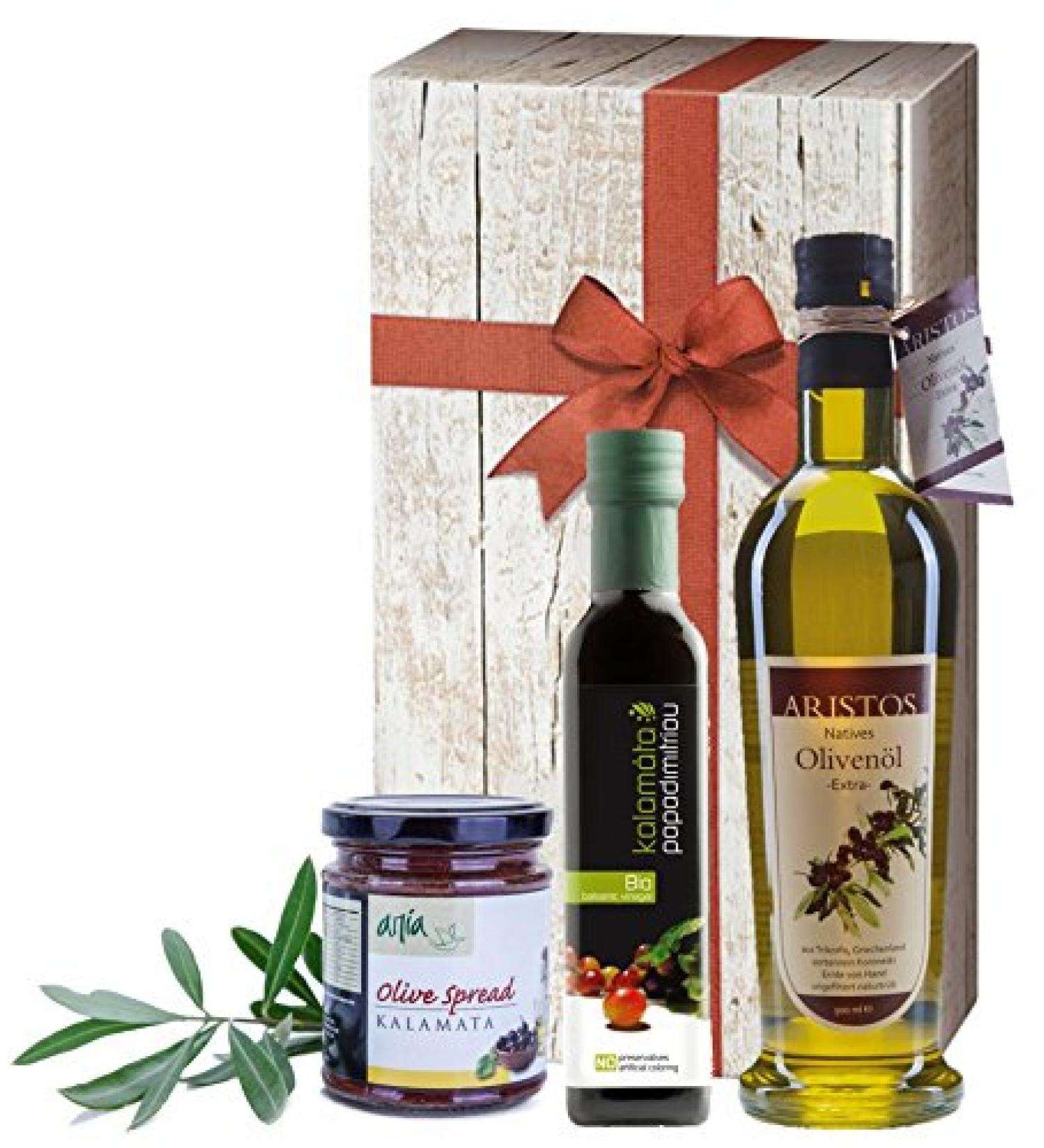 3-Piece Greek Olive Oil Gift Set | Bio Vinegar Extra Virgin Olive Oil & Black Tapenade | Aristos Wooden Look Gift Box - Buy Online on SooperMarket.com