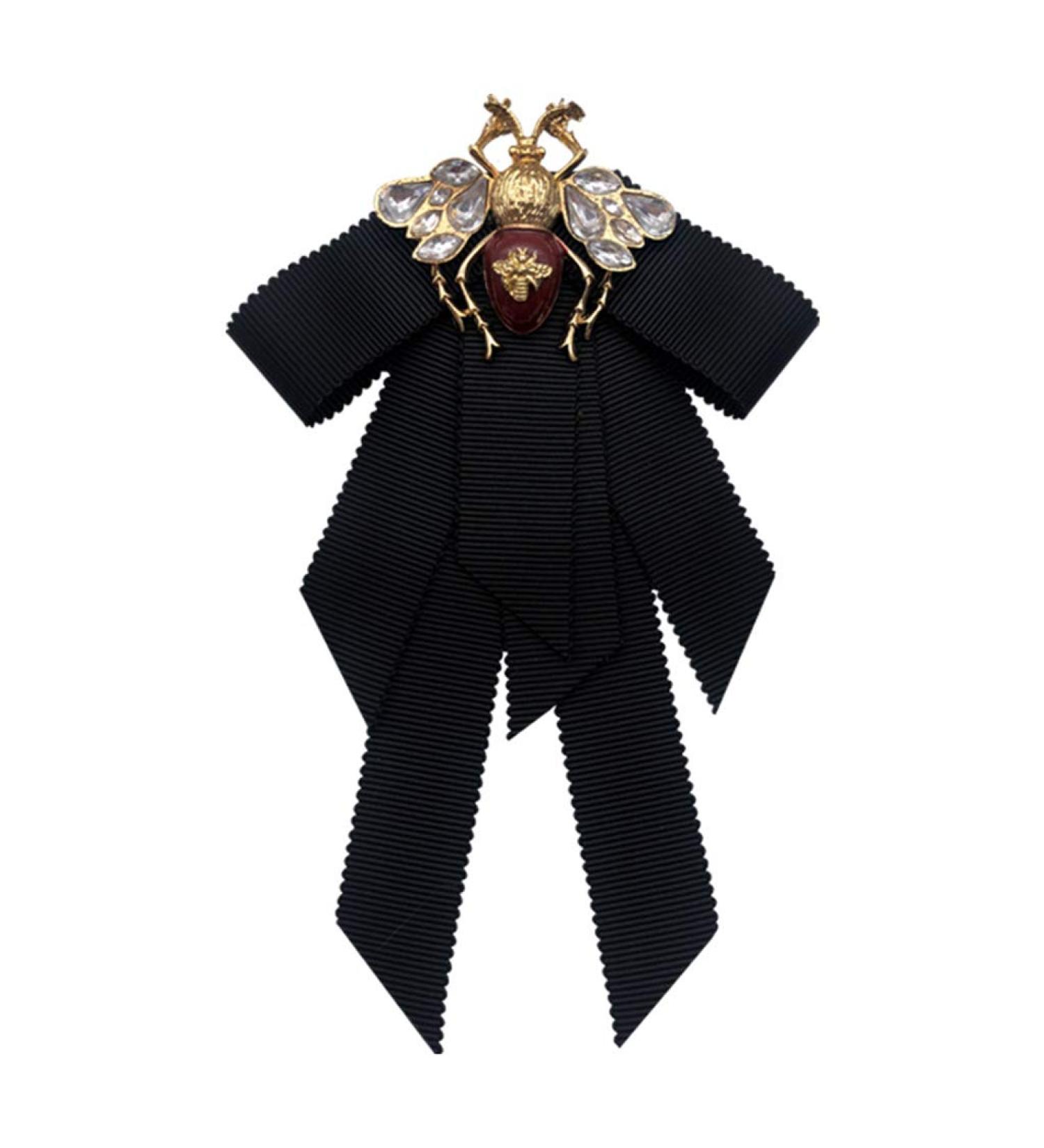 Lijun Vintage Ribbon Bowtie for Women | Big Bowknot Necktie with Bee Crystal Brooch | International Shipping Available - Buy Online on SooperMarket.com