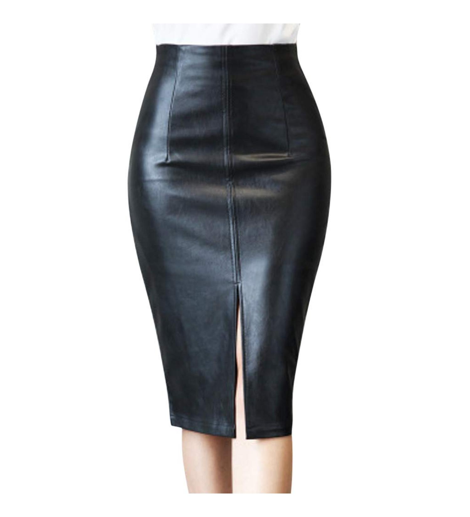 Sanahy Women's High Waisted Faux Leather Split Midi Pencil Skirt - 3XL Black - Buy Online on SooperMarket.com