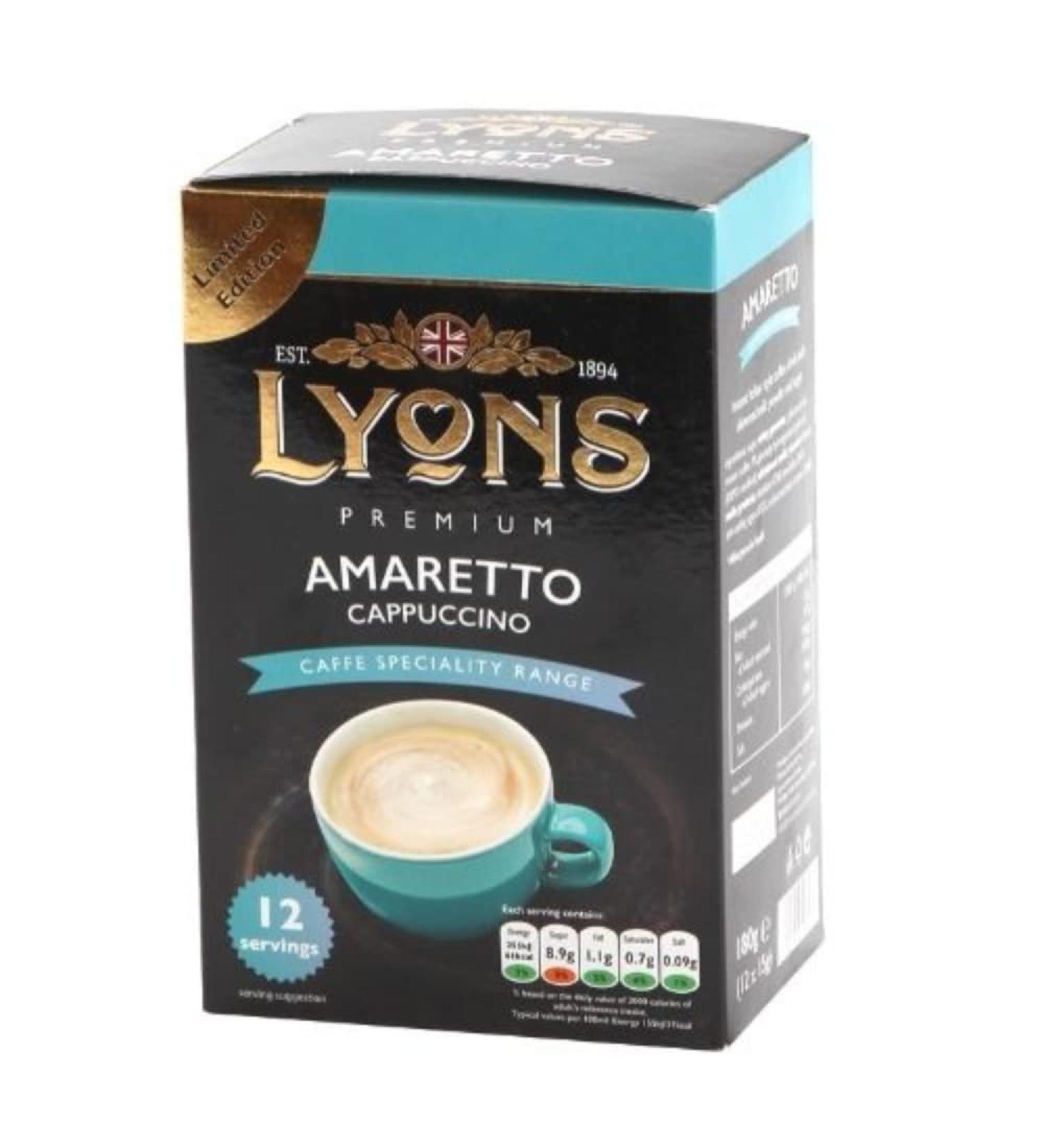 Lyons Premium Instant Coffee Bag Sachets | FabFinds Assorted Gift Mug (Amaretto Cappuccino 8X 12Sachets)