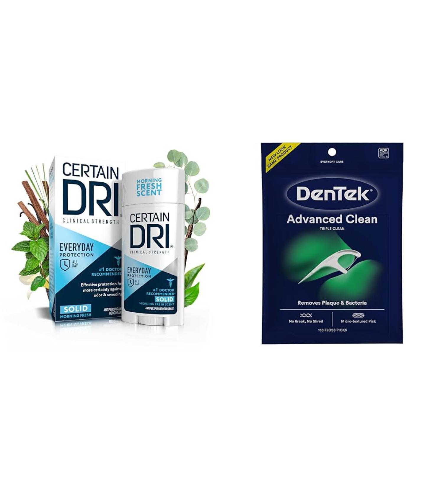 Certain Dri Everyday Strength Clinical Antiperspirant Solid Deodorant 2.6oz 1 Pack and DenTek Triple Clean Advanced Clean Floss Picks 150 Count - Buy Online on SooperMarket.com
