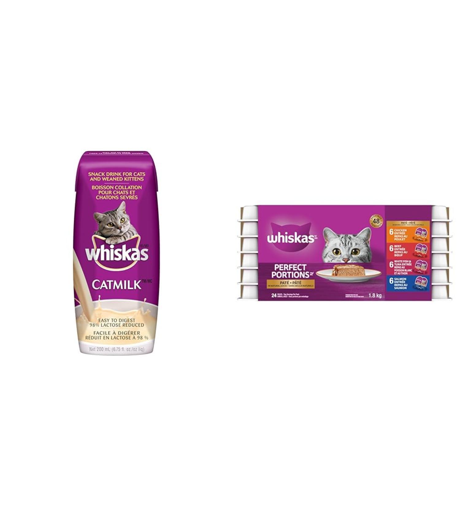 WHISKAS Catmilk Kitten & Cat Treats 200ml (24 Pack) & Perfect Portions Adult Wet Cat Food - Chicken Beef Whitefish and Tuna Salmon 75g Trays (24 pack) Cat Treats + Cat Food - Buy Online on SooperMarket.com