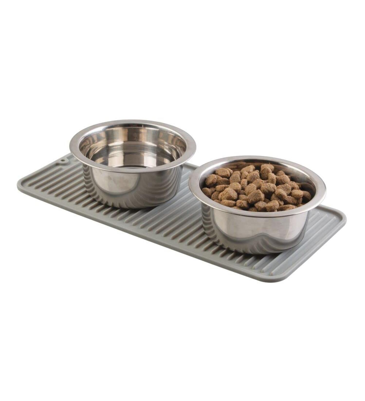mDesign Small Square Pet Food and Water Bowl Mat - Waterproof Non-Slip Silicone Placemat for Dogs and Cats - Durable and Food Safe - Gray Linelle Collection - Buy Online on SooperMarket.com