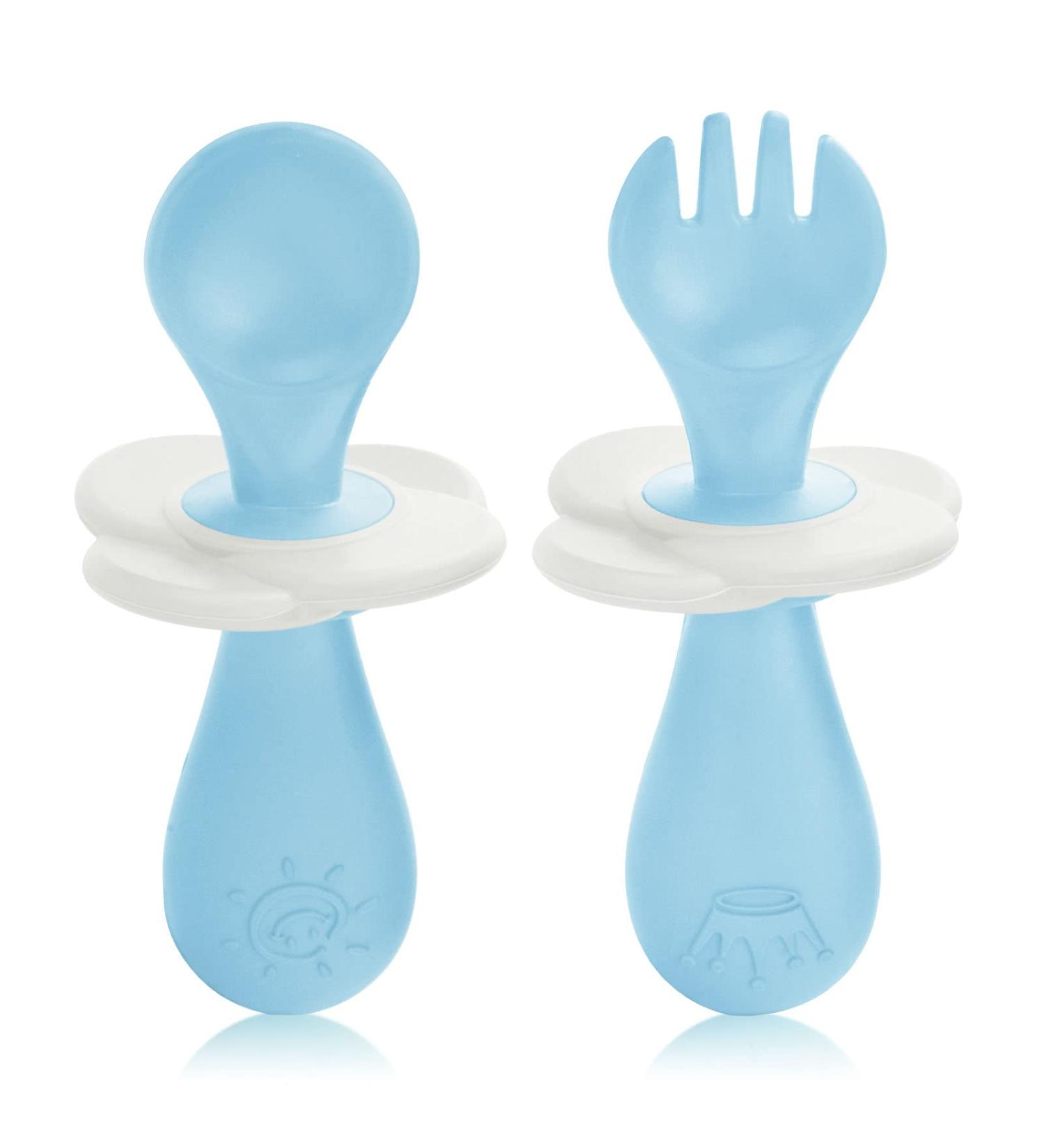Vicloon Baby Fork and Spoon Set - 2 Pcs Infant Silicone Training Utensils for Baby Led Weaning - Self Feeding Learning Spoons - Blue - Buy Online on SooperMarket.com