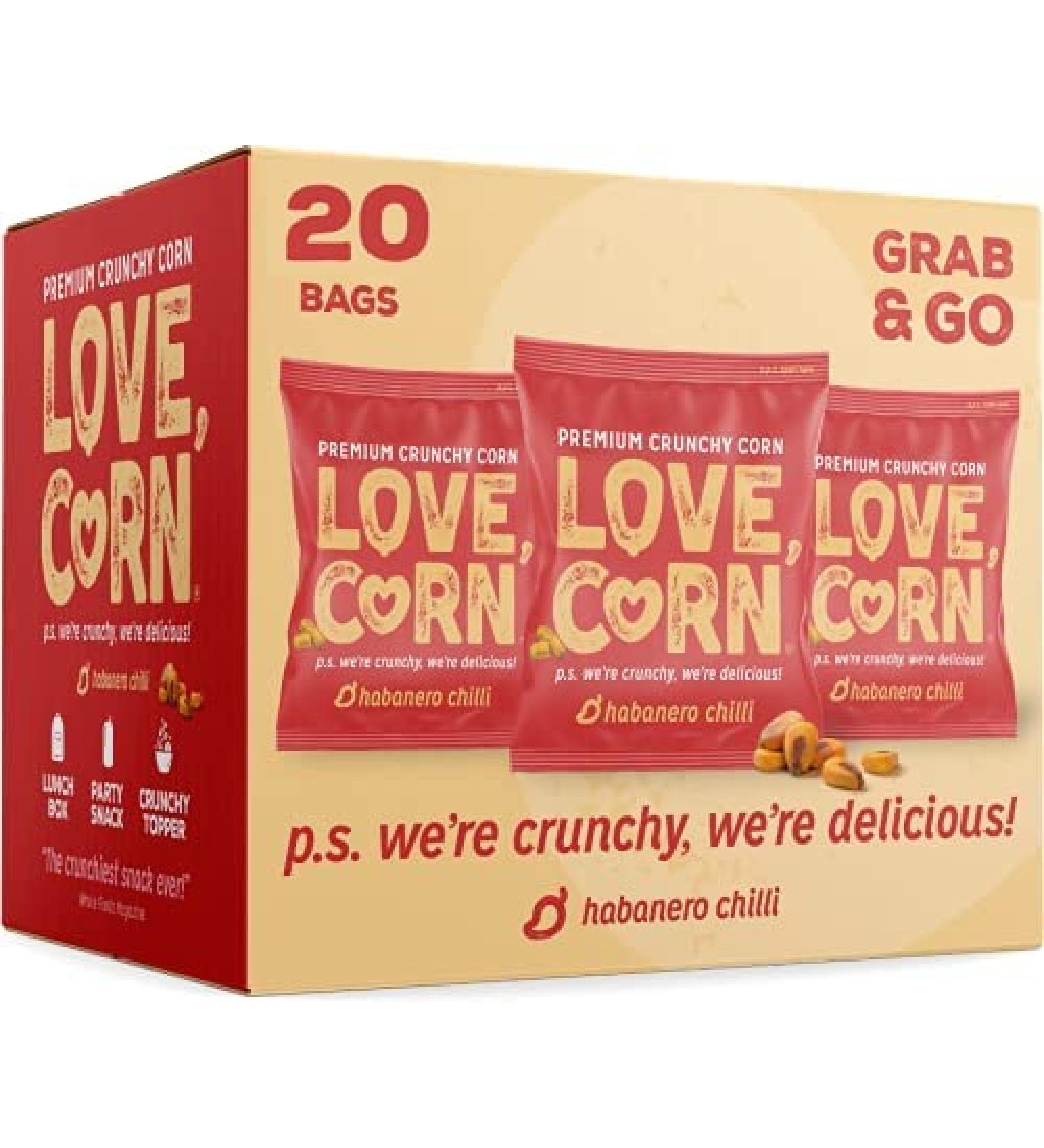 LOVE CORN | Habanero Chilli Crunchy Corn Snack | 20 Bags, 0.7oz | Low-Sugar, Gluten-Free, Plant Based, Non-GMO - Buy Online on SooperMarket.com