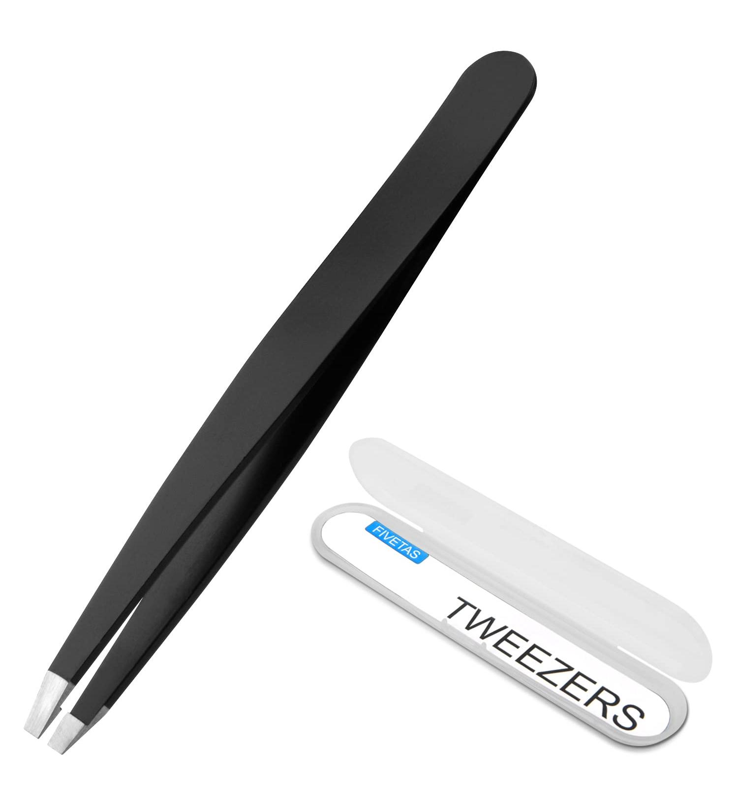 FIVETAS Stainless Steel Flat Tweezers with Case - Precision Eyebrow and Facial Hair Removal Tool for Women & Men (Black) - Buy Online on SooperMarket.com