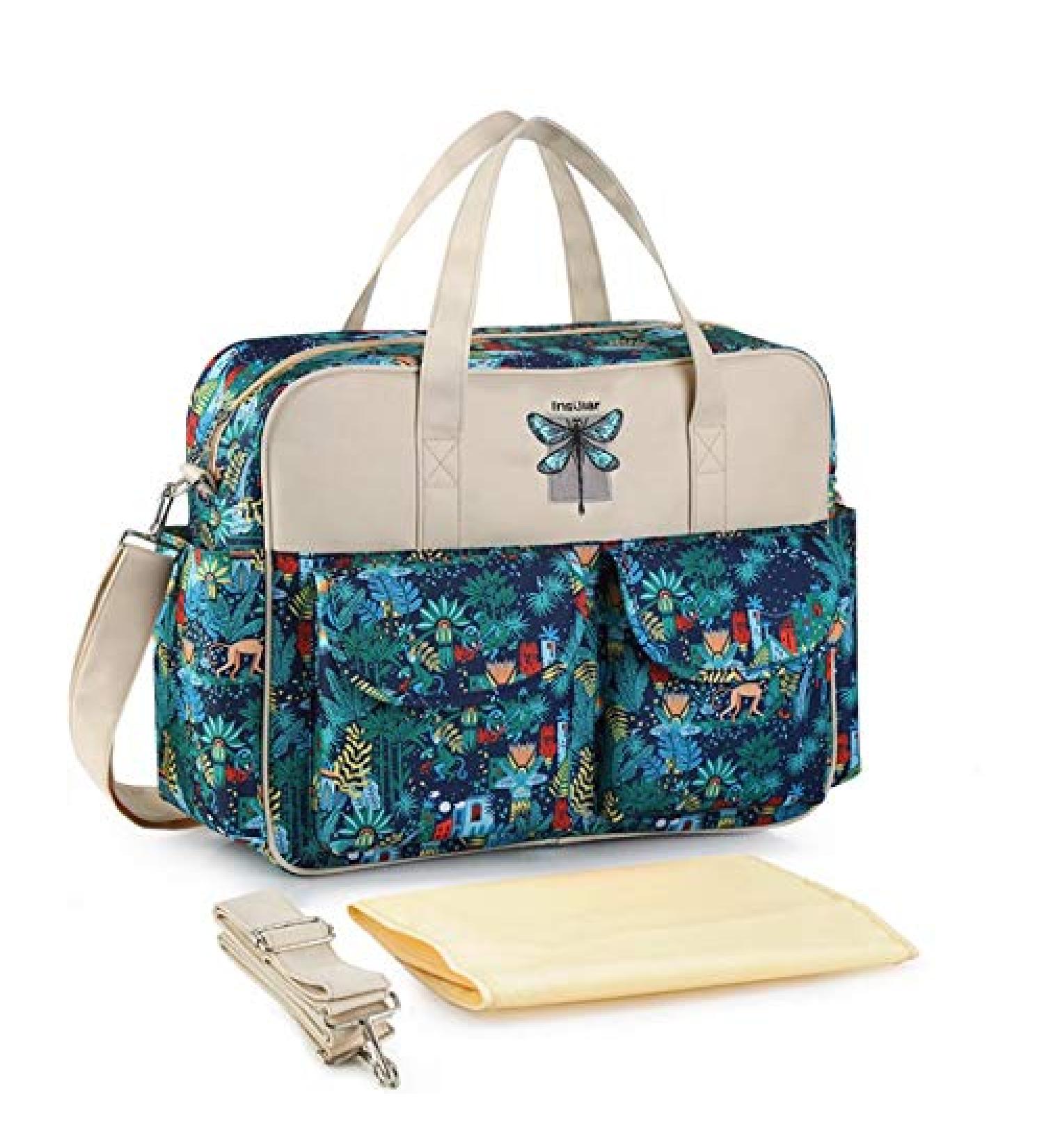 Multifunctional Waterproof Mummy Shoulder Bag Diaper Bag Chic Nappy Changing Bag Tote/Messenger Style Large Light Weight with Changing Mat Adjustable Straps (Forest Monkey)