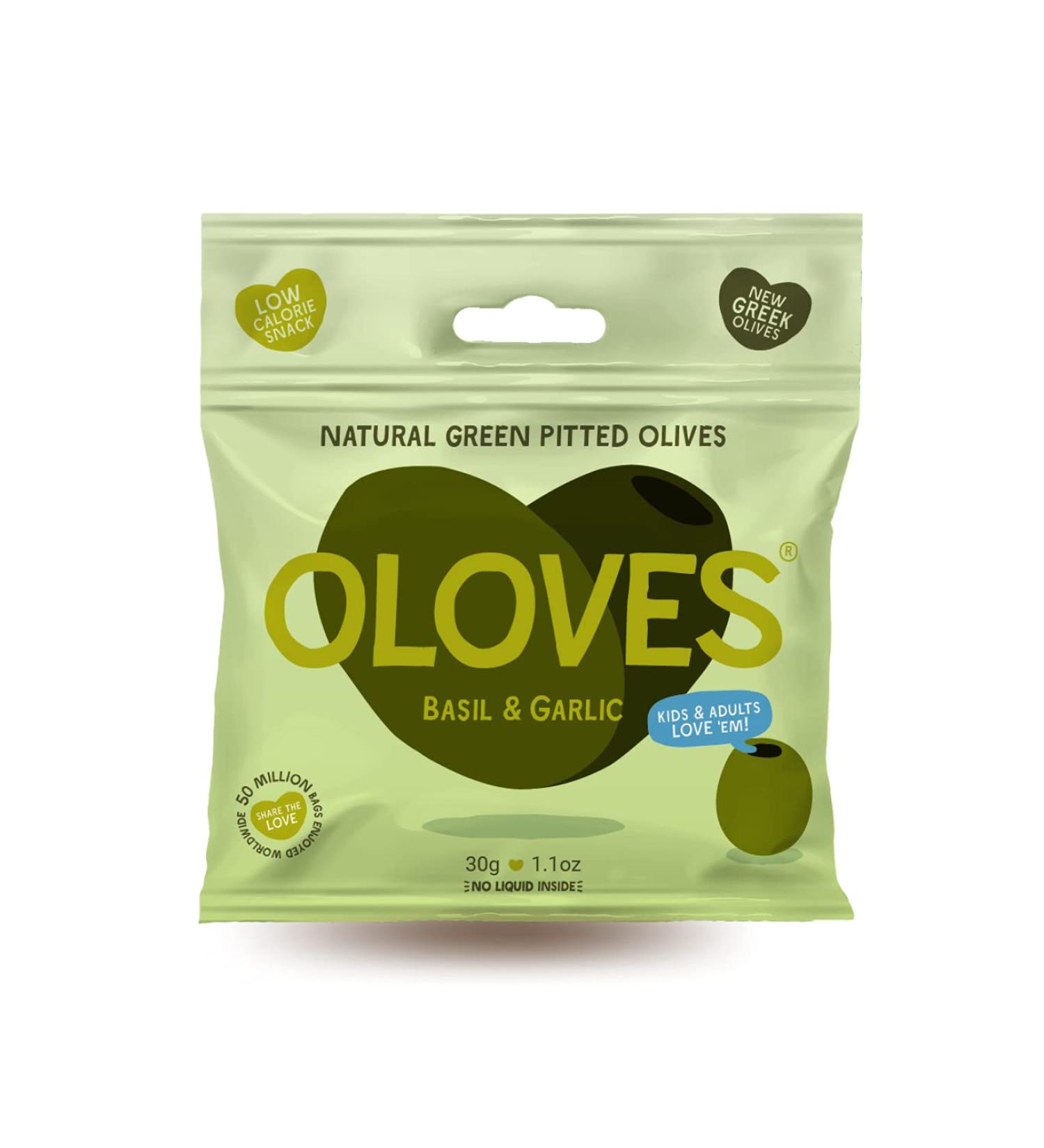 OLOVES Green Greek Pitted Olives | Basil & Garlic | Vegan, Kosher, Gluten Free, Keto Friendly | Fresh & All Natural Low Calorie Healthy Snack (30 Pack, 1.1oz Bags) - Buy Online on SooperMarket.com
